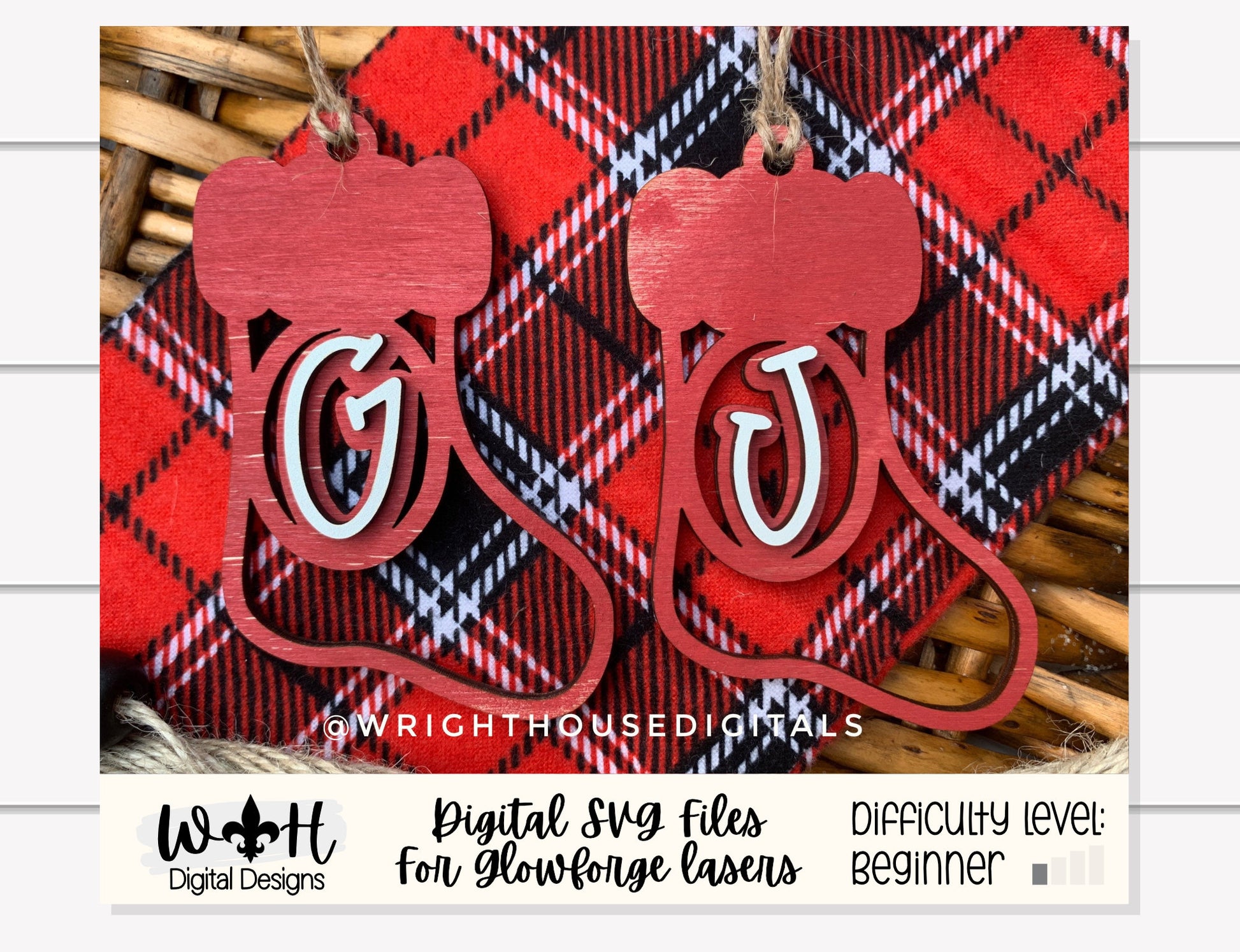 Santa's Christmas Stocking Monogram Ornament Bundle - Quick Cut Gift Bag Tag Set - Cut File For Glowforge Lasers - Digital SVG File