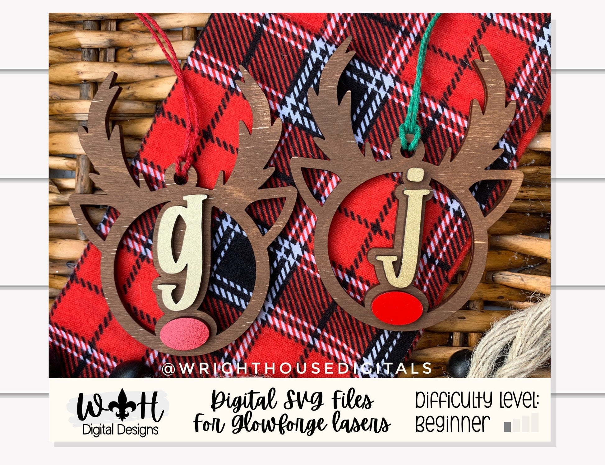 Reindeer Monogram Stocking Tags Christmas Ornament Bundle - Quick Cut Gift Bag Tag Set - Cut File For Glowforge Lasers - Digital SVG File