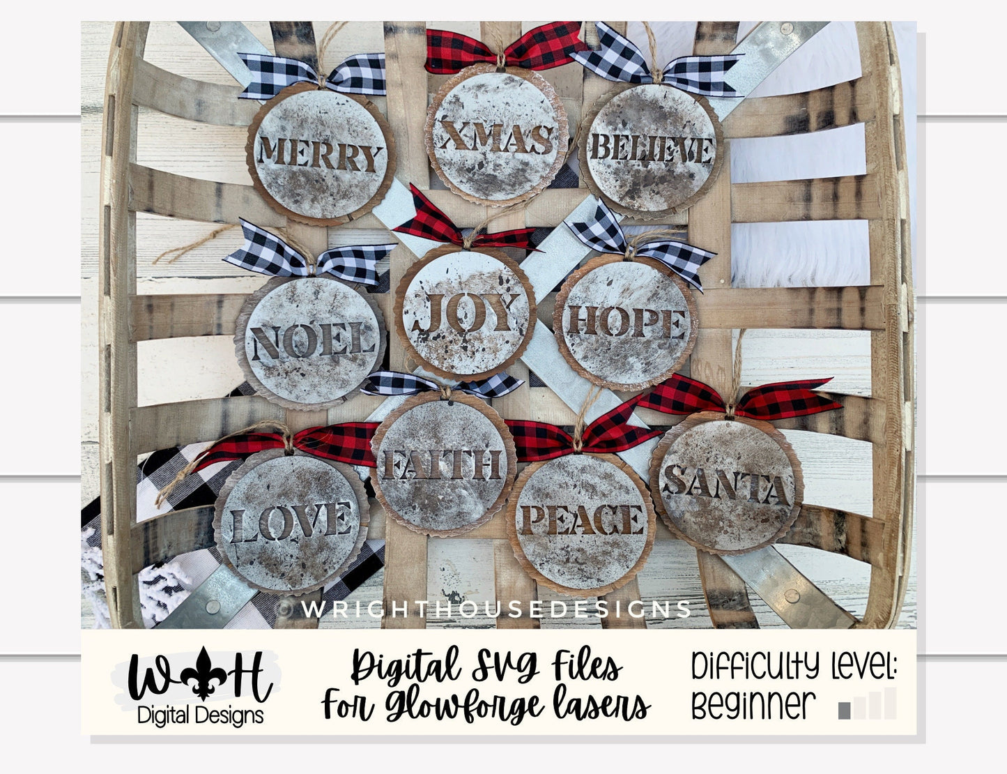 Rustic Farmhouse Stencil Wood Slices Layered Christmas Ornament Bundle - Quick Cut File For Glowforge Lasers - Digital SVG File