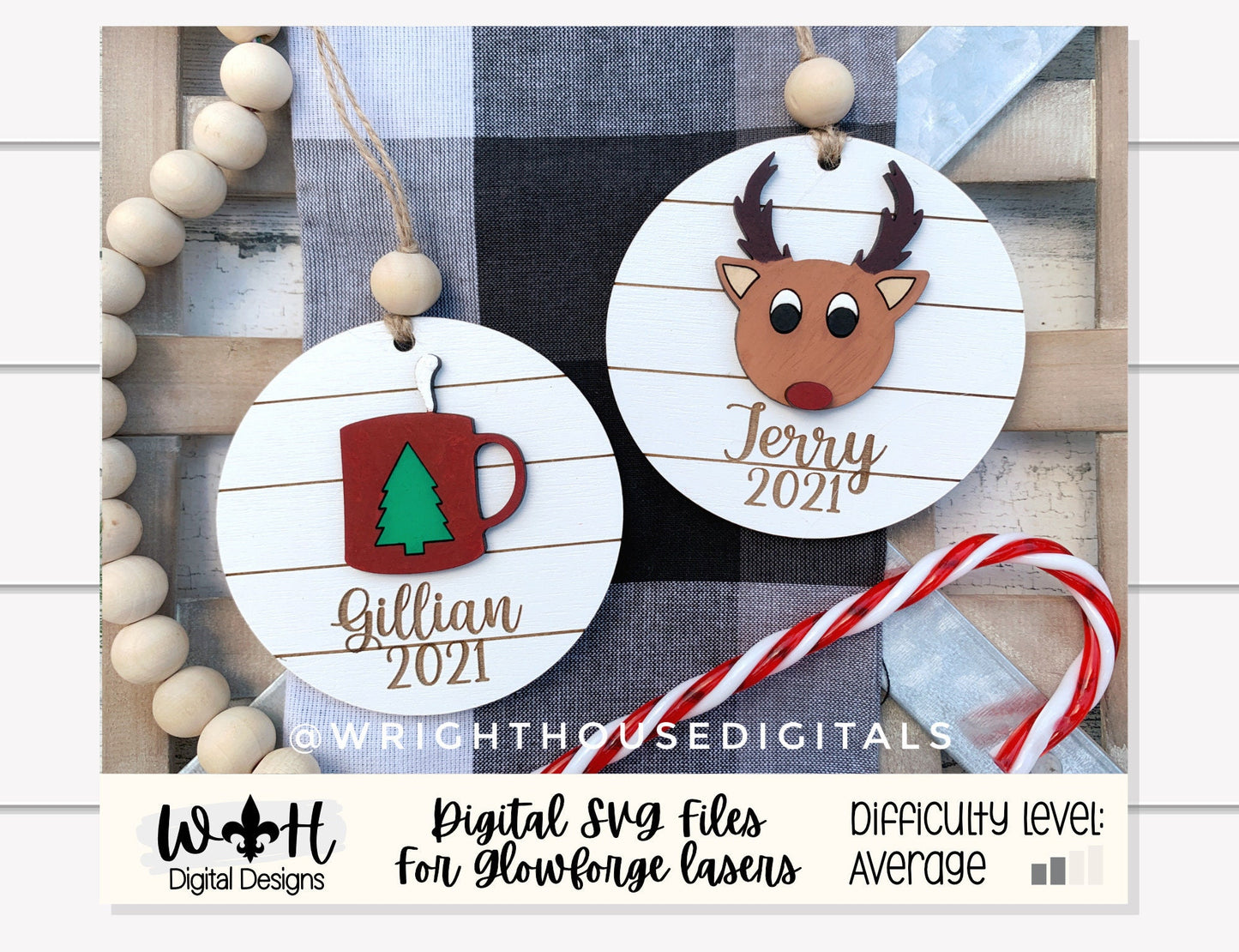 Holiday Icons Reindeer and Cocoa Mug - Modern Farmhouse Mini Ornament Set - Personalizable Cut File For Glowforge Lasers - Digital SVG File