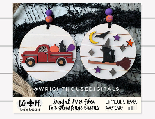 Halloween Icons Vintage Truck and Witch Cat Mini Set - Spooky Handdrawn DIY Doodle Ornaments - Cut File For Glowforge - Digital SVG File