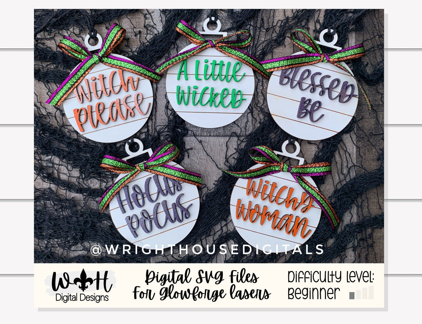 Witchy Shiplap Tree Ball Ornament Set For Halloween Trees - Blessed Be Witch Please - Quick Cut File For Glowforge Lasers - Digital SVG File