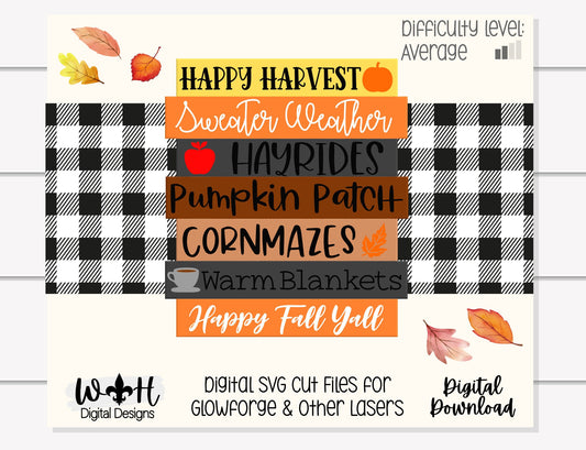 Happy Harvest Autumn Bucket List Stacked Sign - Seasonal Wall Decor and DIY Kits - Cut File For Glowforge Lasers - Digital SVG File