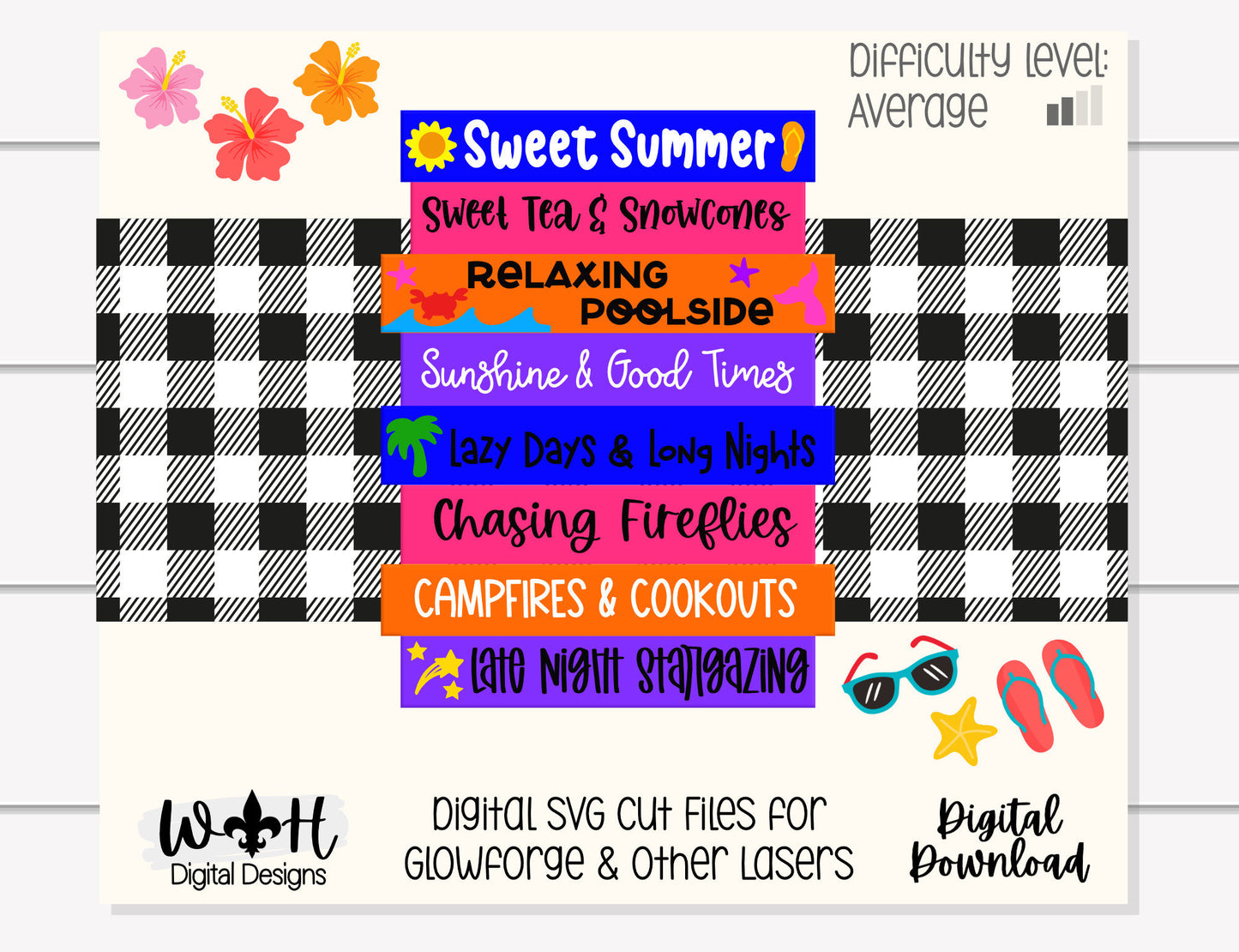 Sweet Summertime Bucket List Stacked Sign - Seasonal Wall Decor and DIY Kits - Cut File For Glowforge Lasers - Digital SVG File