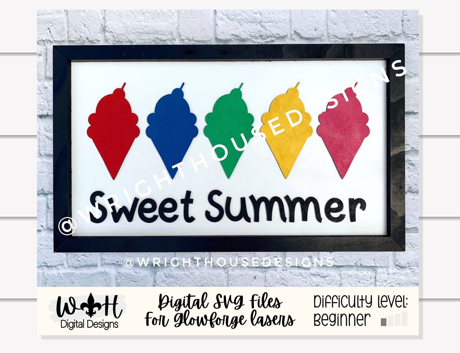 Sweet Summer Rainbow Ice Cream Cone Seasonal Frame Sign - Sign Making and DIY Kits - Cut File For Glowforge Lasers - Digital SVG File