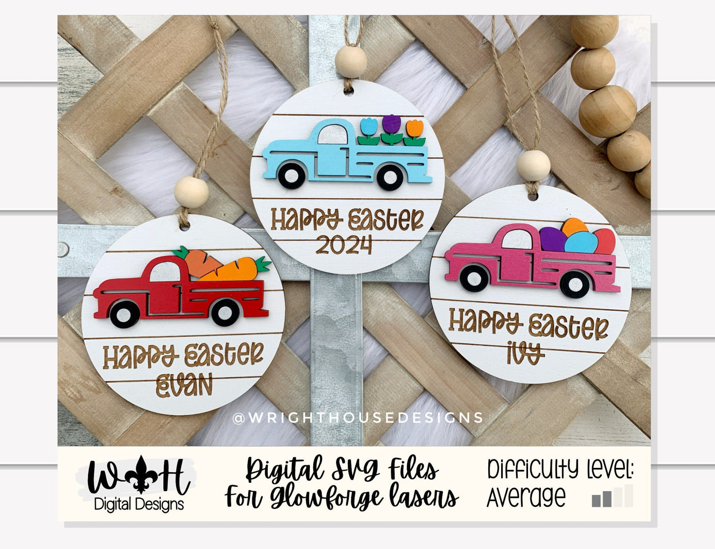 Easter Truck Personalized Shiplap Basket Tags - Seasonal Tiered Tray Decor and DIY Kits - Cut File For Glowforge Lasers - Digital SVG File