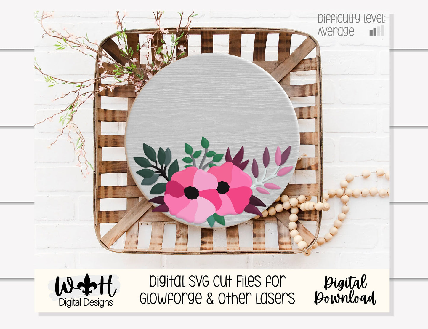 Pretty Pink Florals and Foliage - Door Hanger Round - Sign Making and DIY Kits - Single Line Cut File For Glowforge Laser - Digital SVG File