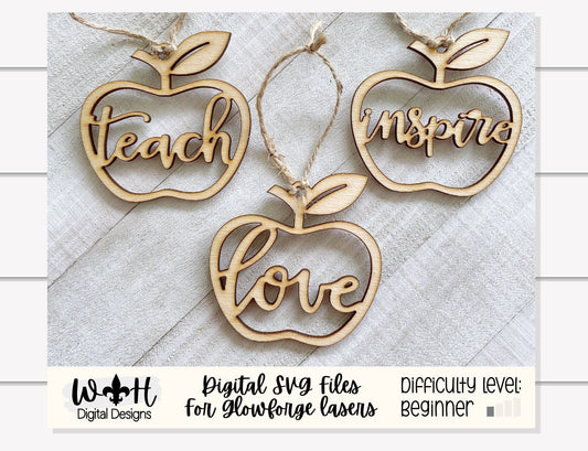 Teacher Appreciation Apple Ornaments - Teach Love Inspire - Quick Cut Gift Bag Tag Set - Cut File For Glowforge Lasers - Digital SVG File