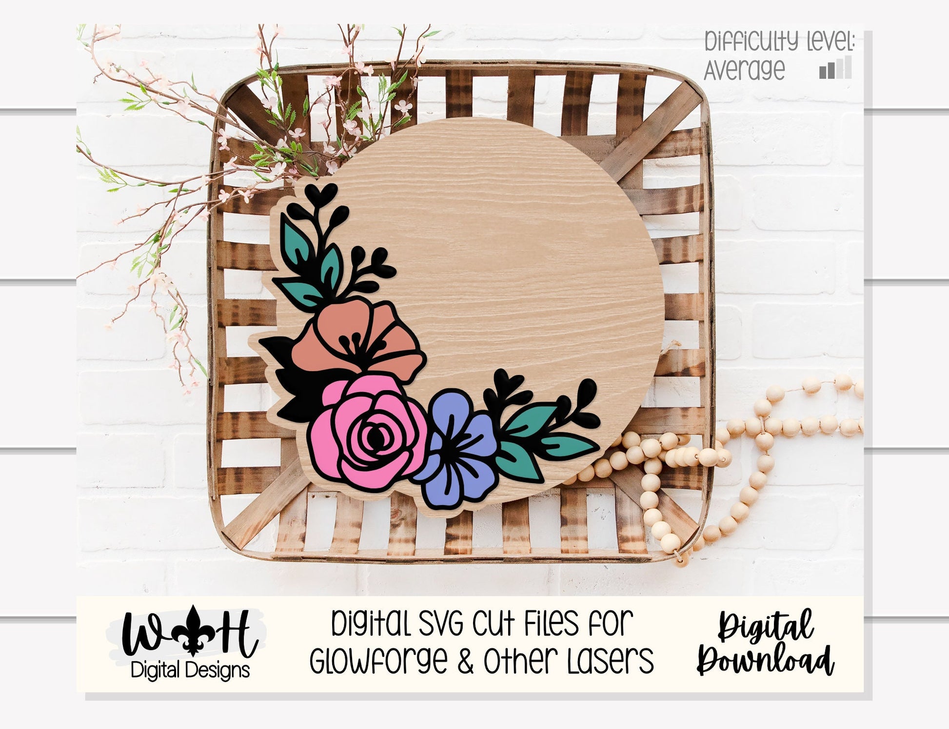 Lily and Sage Rose Outline Floral - Spring Door Hanger - Flowers For Sign Making and DIY Kits - Digital SVG Cut File For Glowforge Lasers