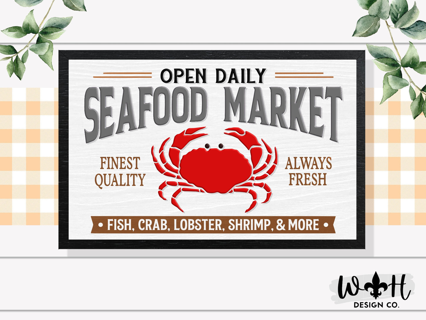 Open Daily Seafood Market Fish Crab Lobster - Summer Coffee Bar Sign - Modern Farmhouse Sign - Home and Kitchen Decor - Wood Framed Wall Art