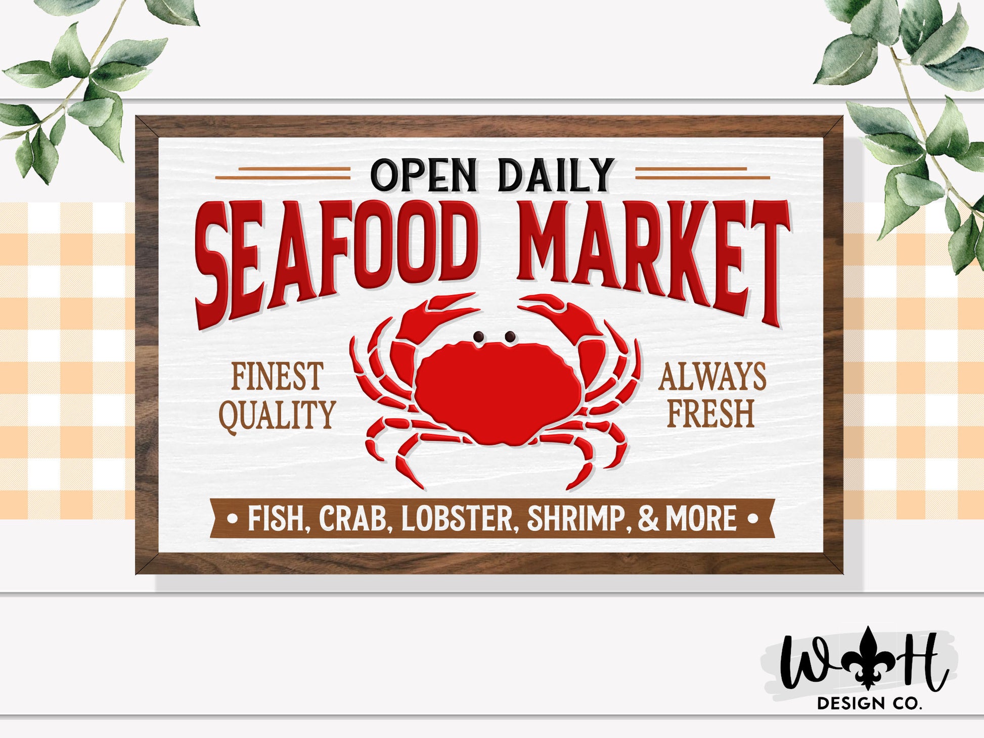 Open Daily Seafood Market Fish Crab Lobster - Summer Coffee Bar Sign - Modern Farmhouse Sign - Home and Kitchen Decor - Wood Framed Wall Art