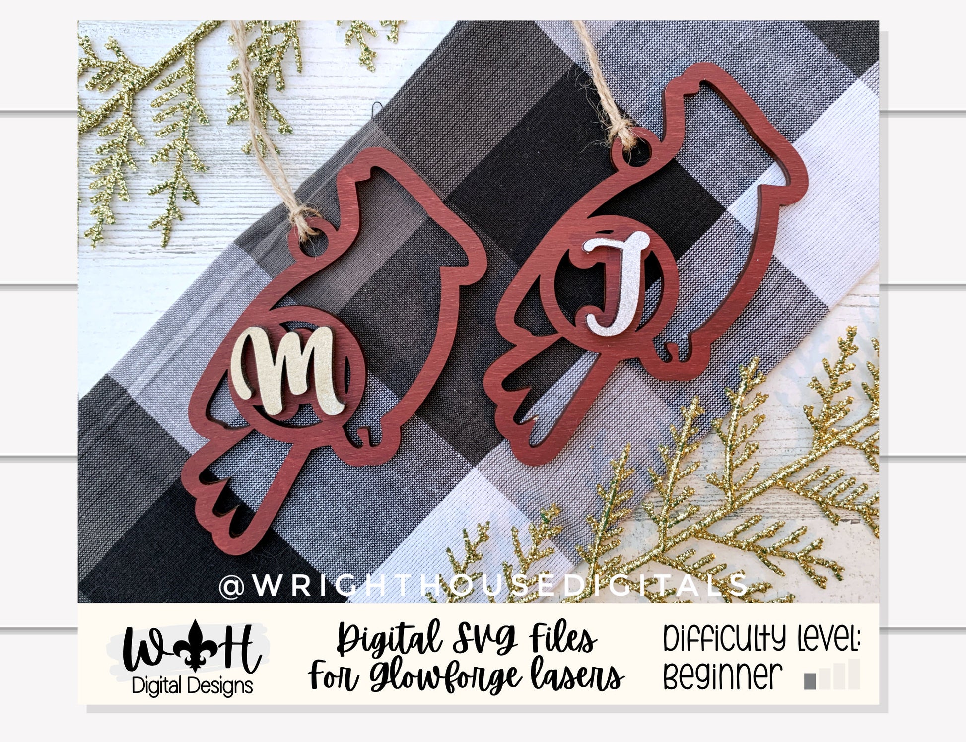 Cardinal Monogram Memorial Christmas Ornament Bundle - Personalized Stocking Tags - Quick Cut File For Glowforge Lasers - Digital SVG File