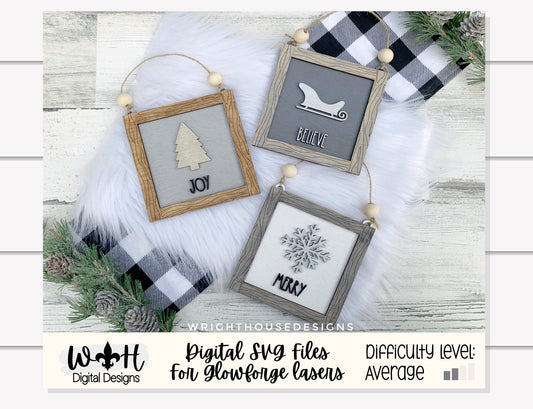 Farmhouse Frame Ornaments - Layered Christmas Square Signs - Winter Tier Tray Decor - Cut File For Glowforge Lasers - Digital SVG File