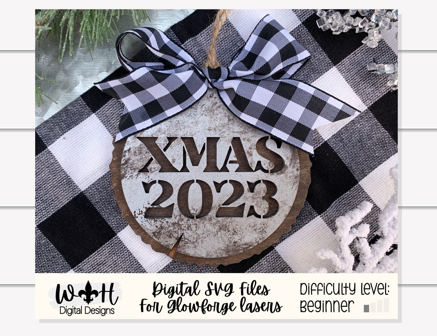 Rustic Stencil Christmas Date Wood Slices Yearly Ornament Bundle - Quick Cut Layered File For Glowforge Lasers - Digital SVG File