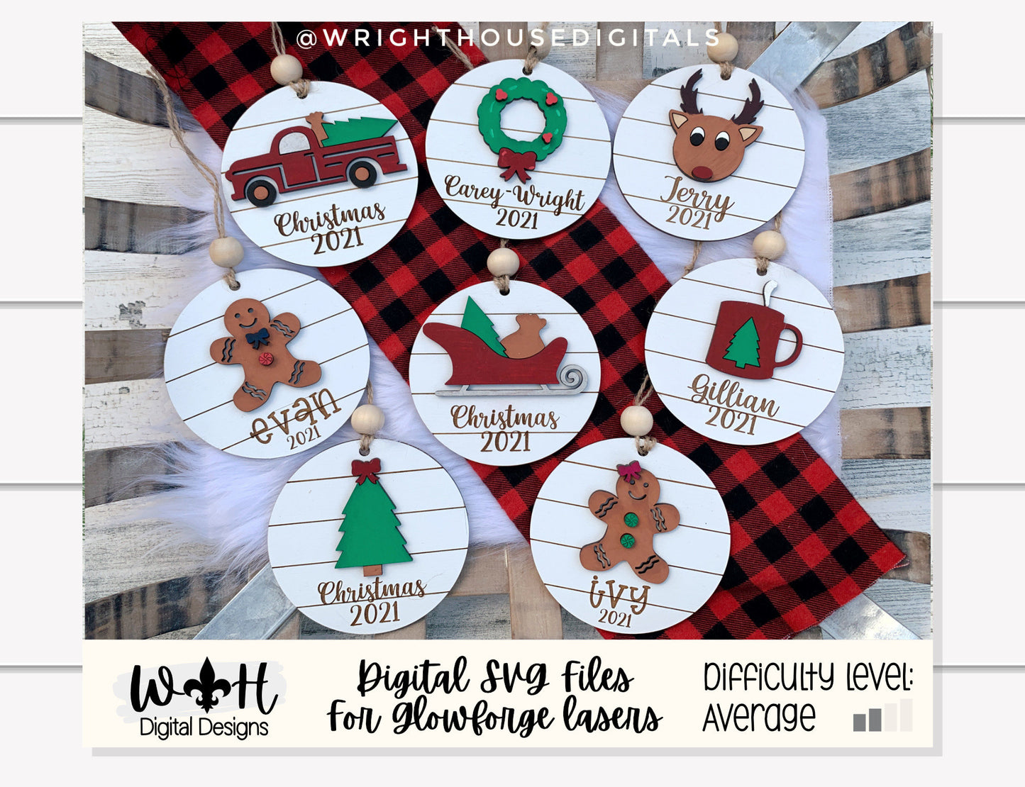 Holiday Icons Ornament Bundle - Personalizable Modern Farmhouse Christmas Ornaments - Cut File For Glowforge Lasers - Digital SVG File