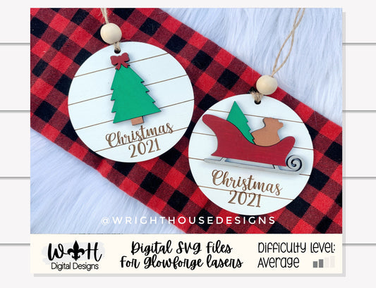 Holiday Icons Santa Sleigh and Pine Tree - Modern Farmhouse Mini Ornament Set - Personalizable Cut File For Glowforge - Digital SVG File