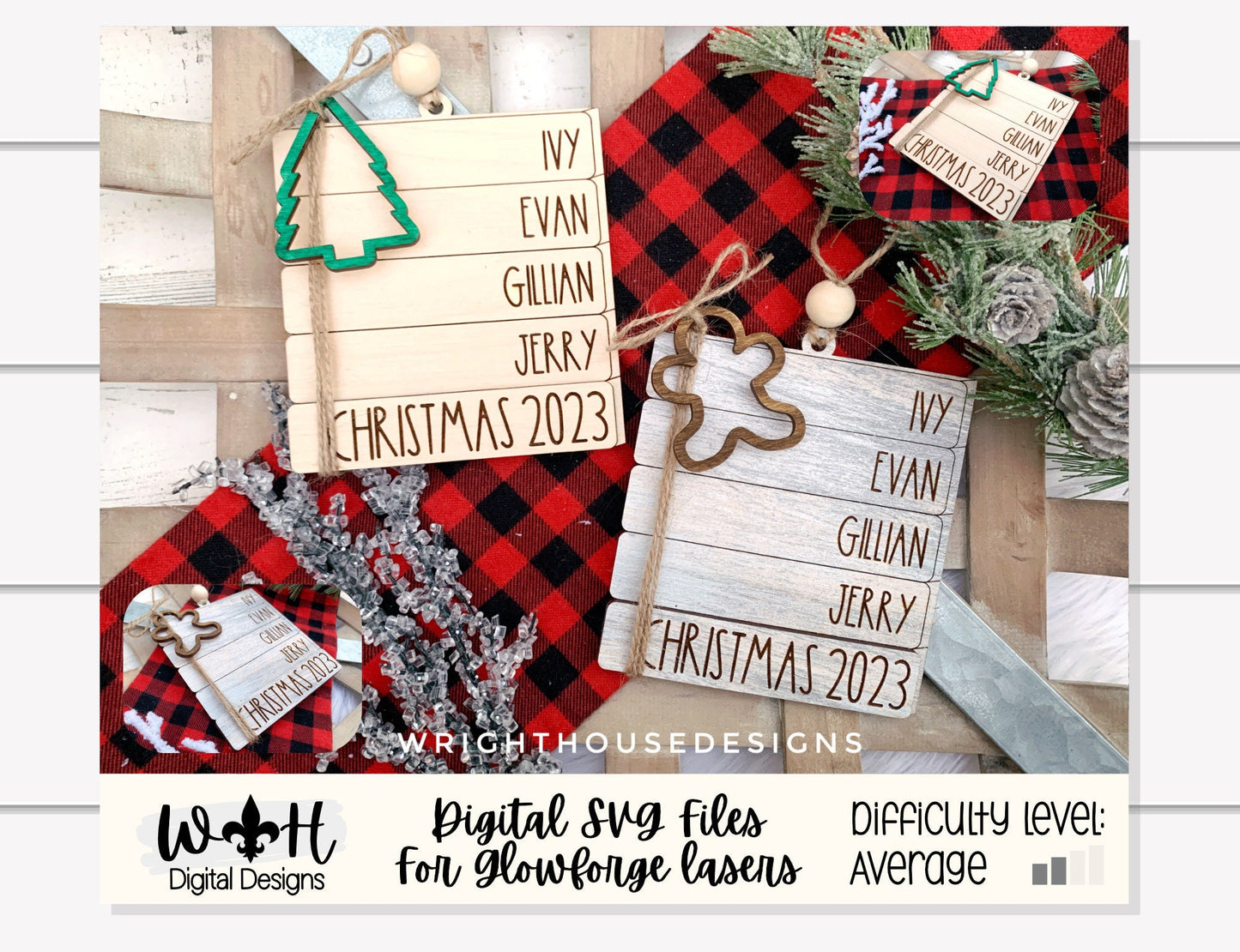 Custom Bookstack Ornaments - Personalizable Family Name Ornaments and Stocking Tags - Cut File For Glowforge Lasers - Digital SVG File
