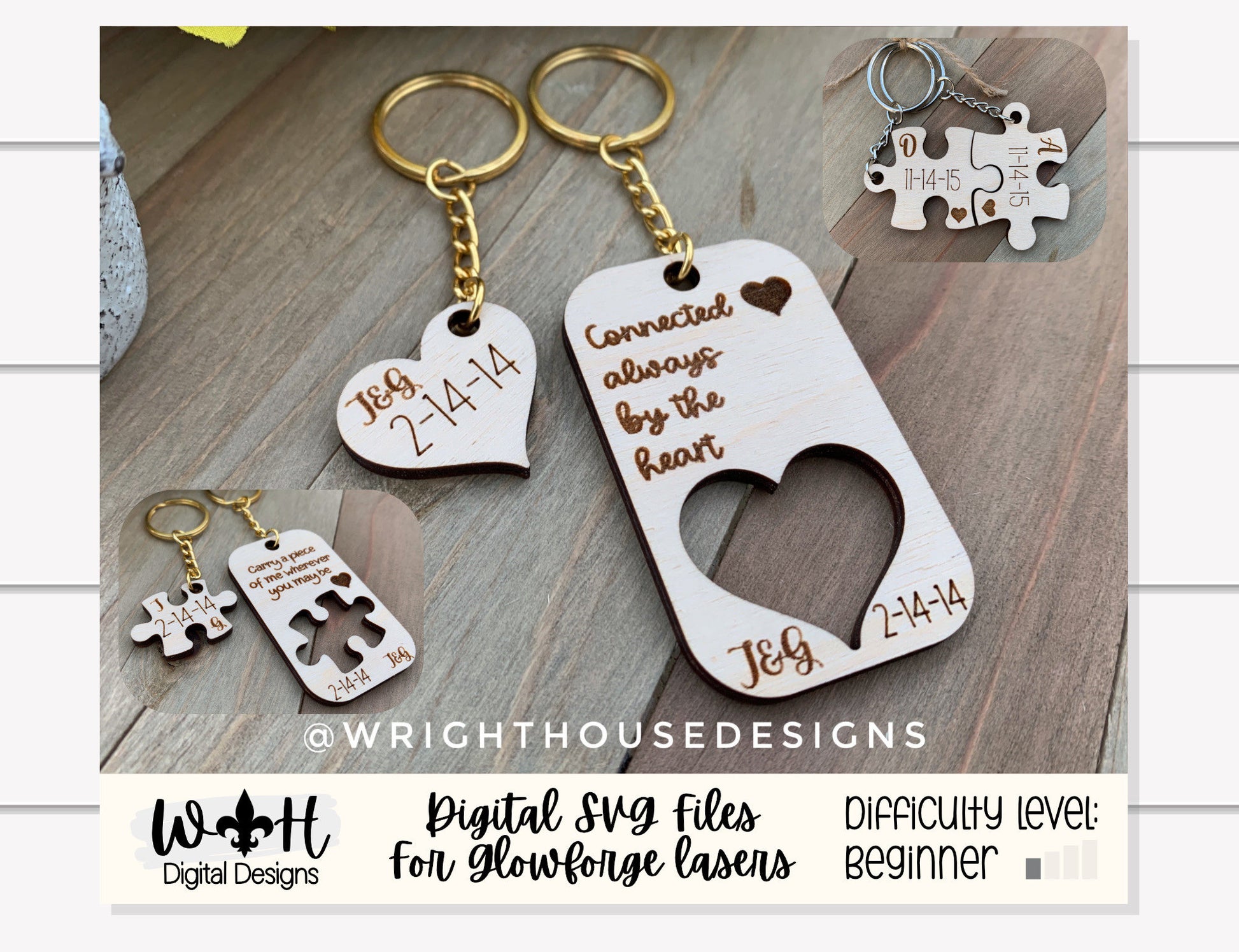 Heart and Puzzle Keychains For Valentine's Day - Couples Personalized Anniversary Gifts - Digital SVG Cut Files For Glowforge Lasers