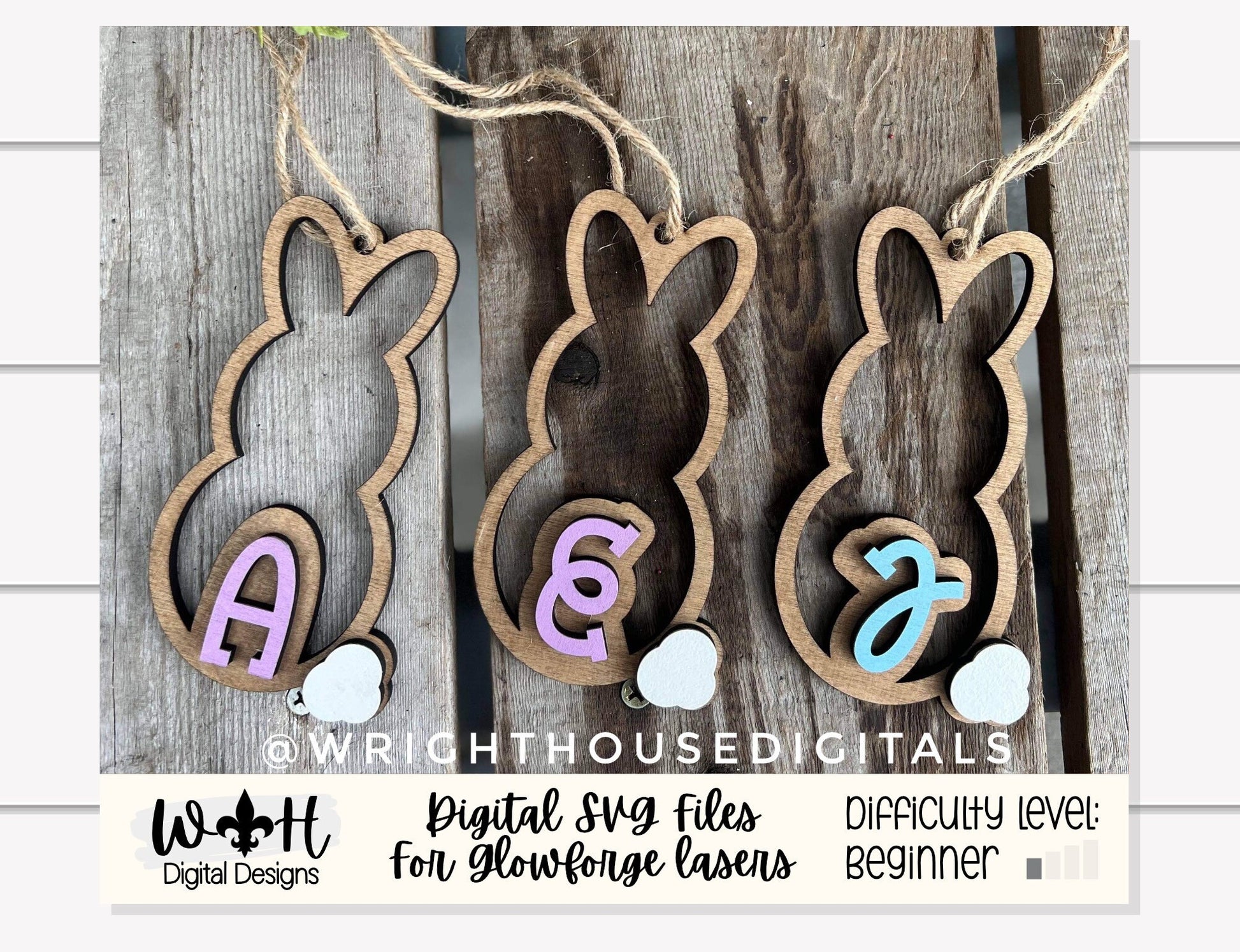 Easter Bunny Monogram Basket Tags Bundle - Seasonal Tiered Tray Decor and DIY Kits - Quick Cut File For Glowforge Lasers - Digital SVG File