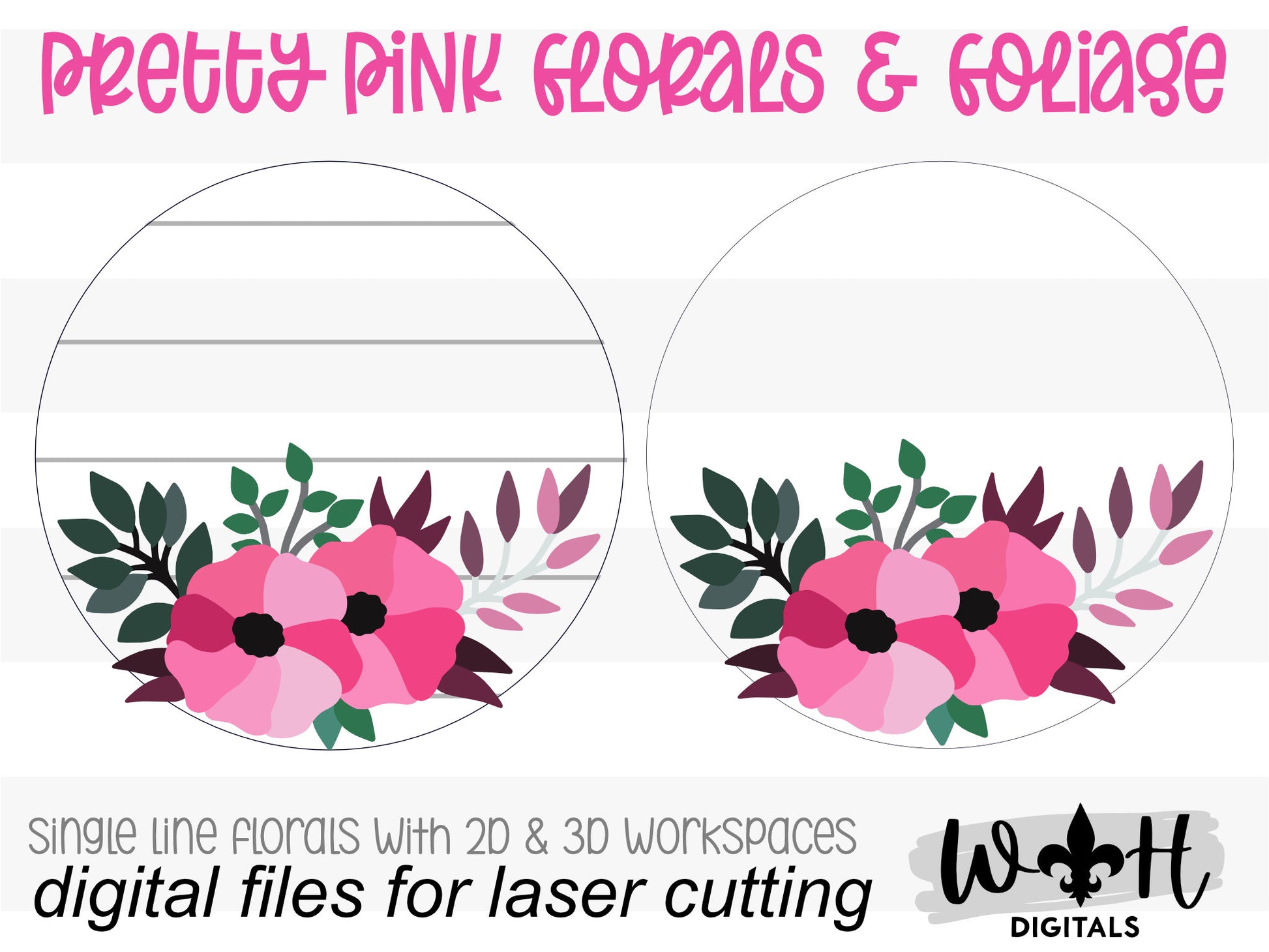 Pretty Pink Florals and Foliage - Door Hanger Round - Sign Making and DIY Kits - Single Line Cut File For Glowforge Laser - Digital SVG File