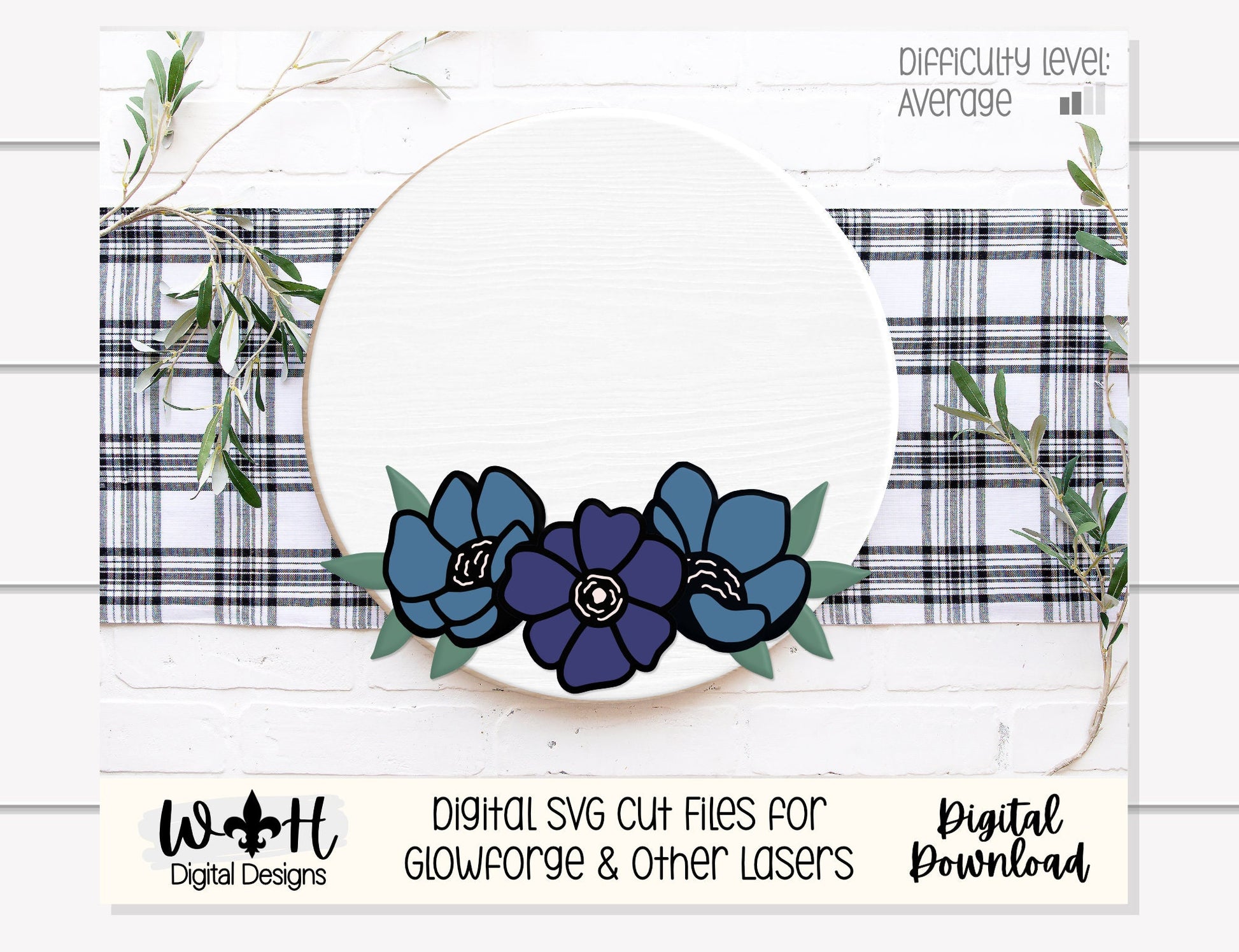 Anemone Florals Farmhouse Floral Round - Spring Sign Making and DIY Kits - Layered Cut File For Glowforge Laser - Digital SVG File