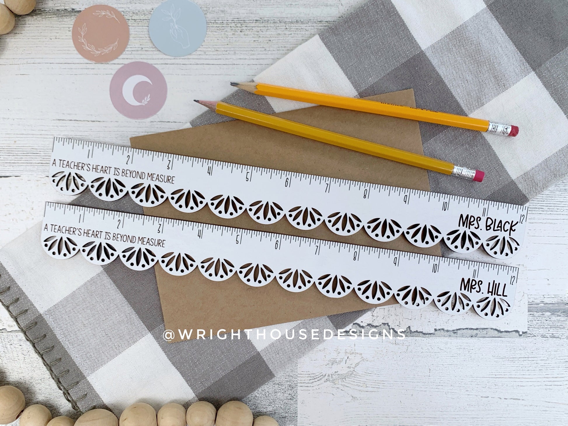 Teacher Appreciation Wooden Standard Ruler - Decorative Scallop Pattern - Laser Engraved Personalized School Supplies - Custom Logo Monogram