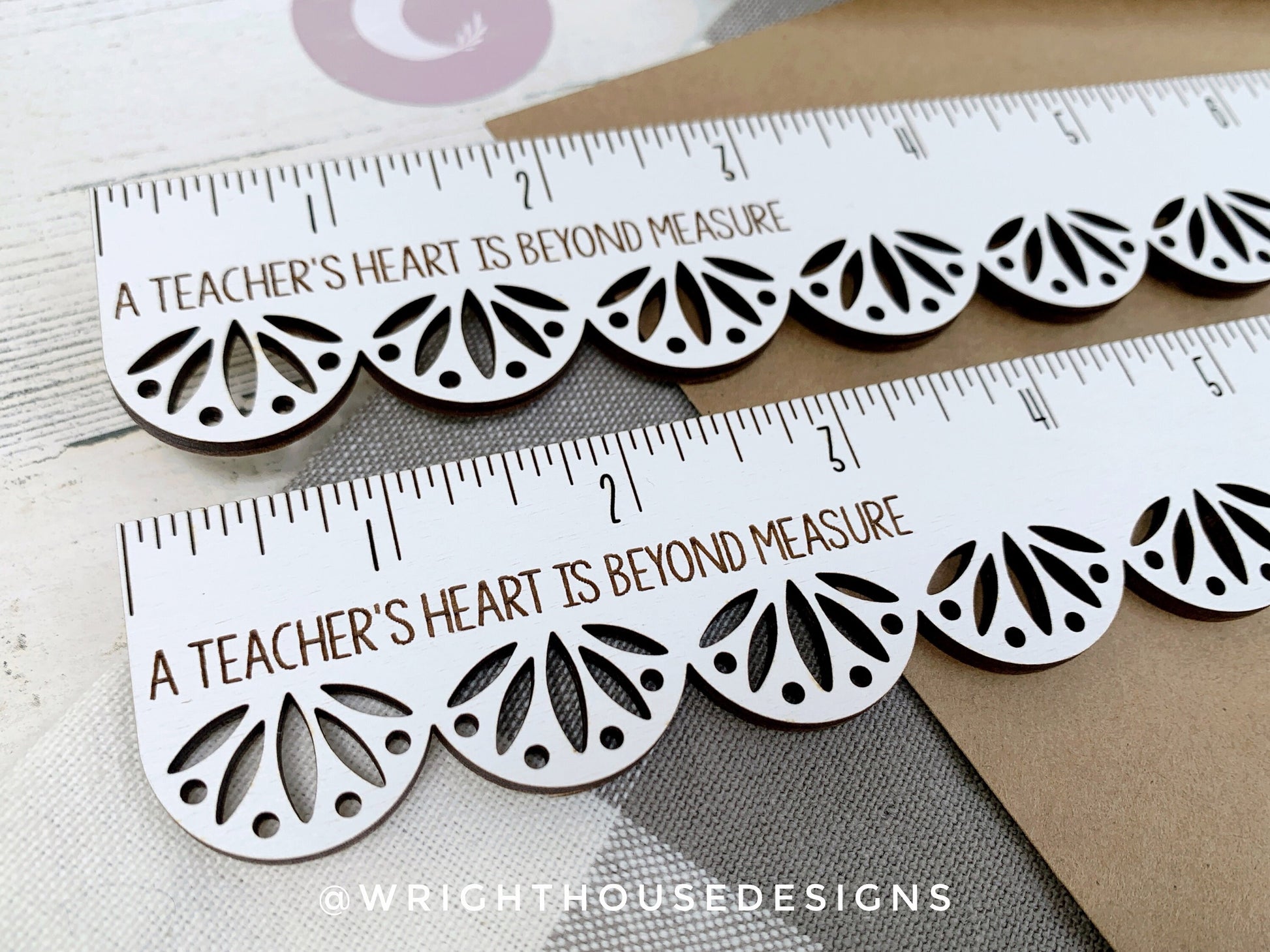 Teacher Appreciation Wooden Standard Ruler - Decorative Scallop Pattern - Laser Engraved Personalized School Supplies - Custom Logo Monogram