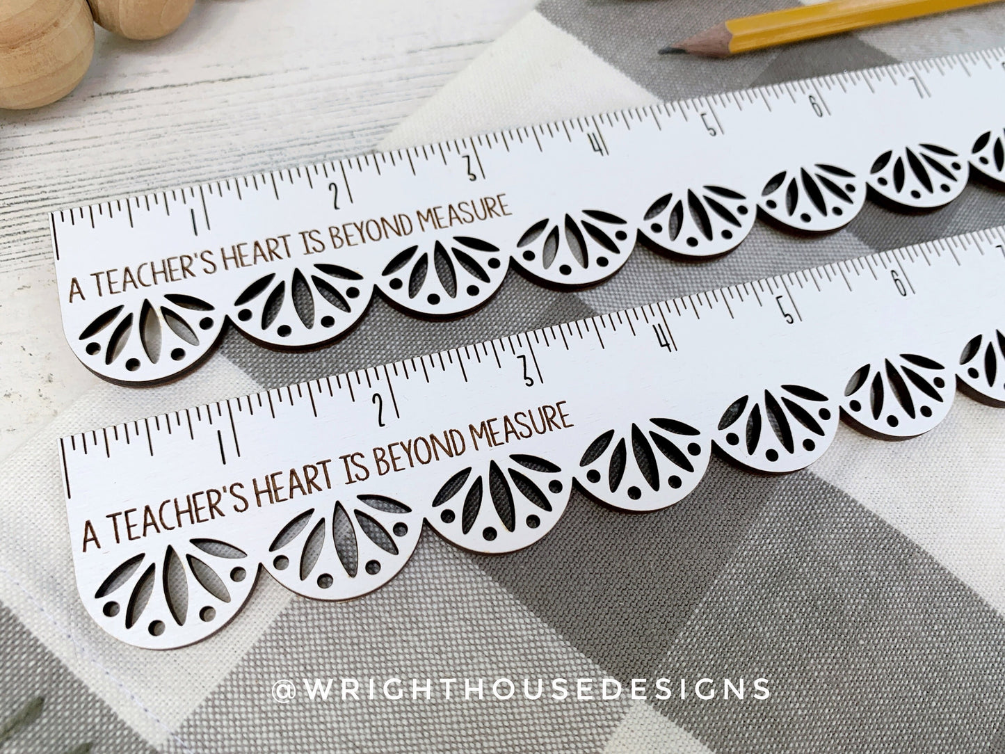 Teacher Appreciation Wooden Standard Ruler - Decorative Scallop Pattern - Laser Engraved Personalized School Supplies - Custom Logo Monogram