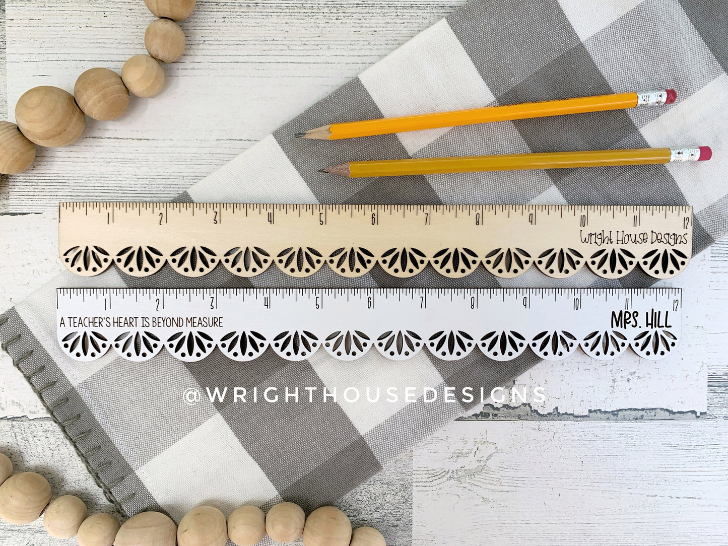 Teacher Appreciation Wooden Standard Ruler - Decorative Scallop Pattern - Laser Engraved Personalized School Supplies - Custom Logo Monogram