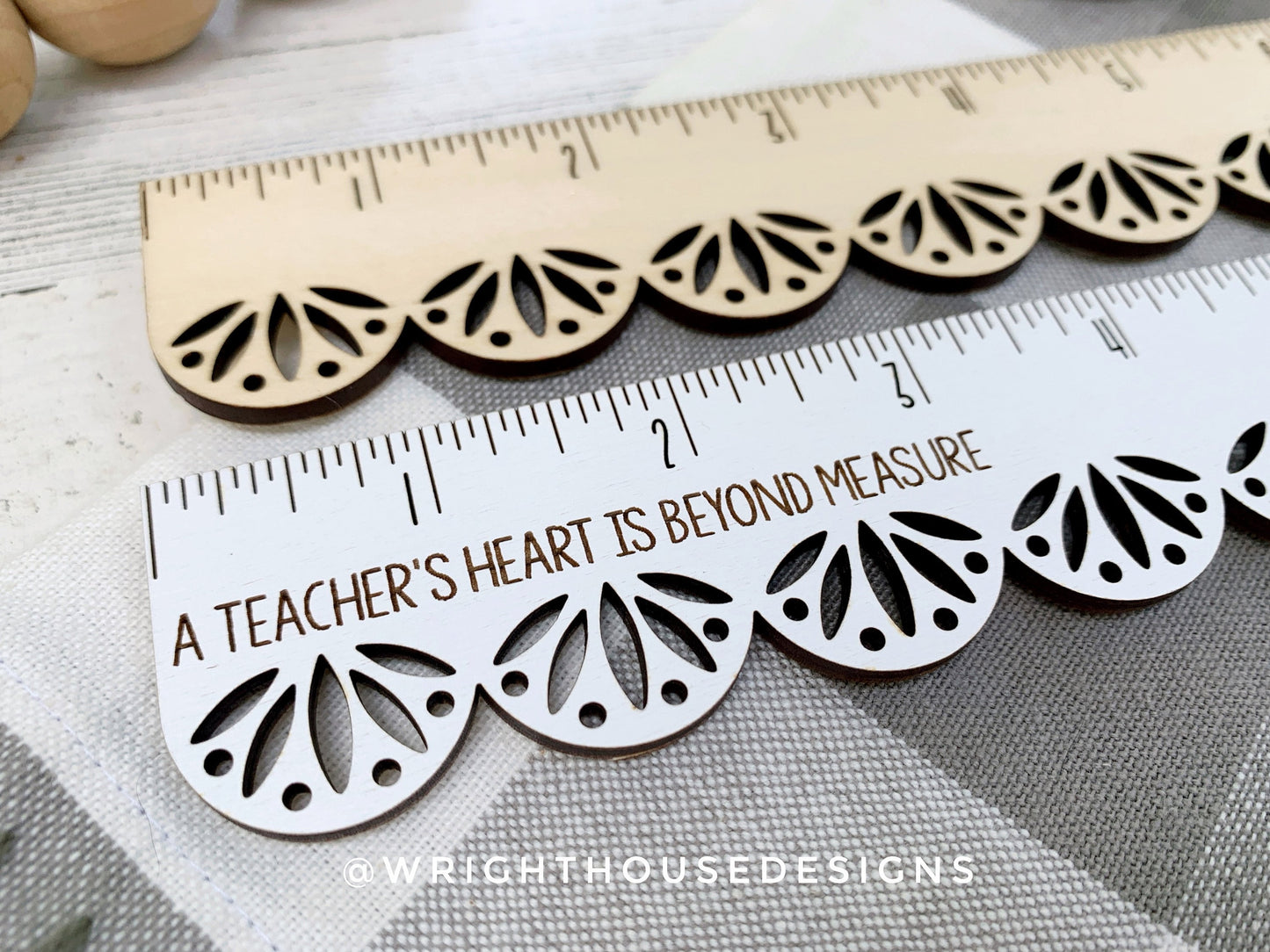 Teacher Appreciation Wooden Standard Ruler - Decorative Scallop Pattern - Laser Engraved Personalized School Supplies - Custom Logo Monogram