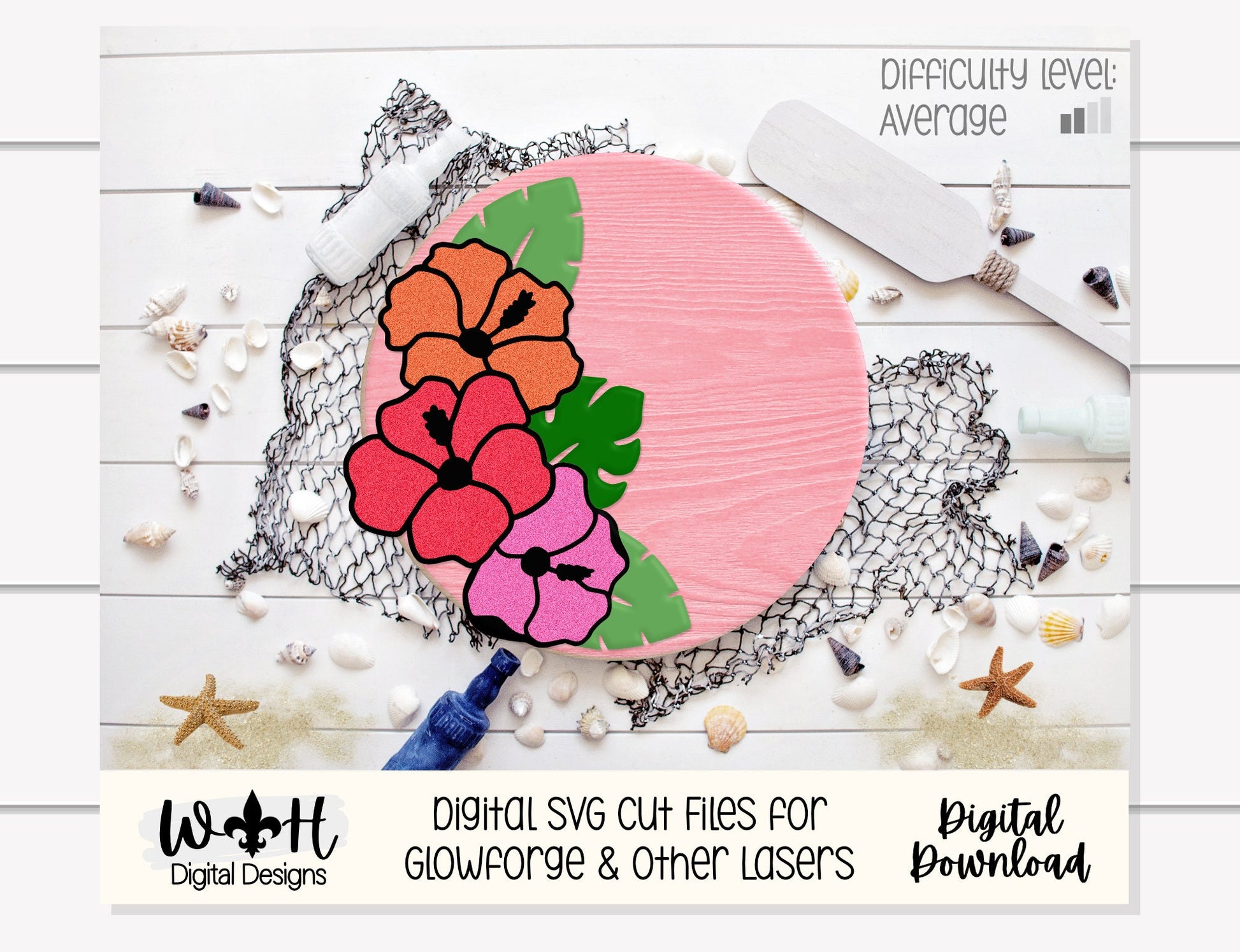 Summer Hibiscus and Greenery - Tropical Beach Door Hanger - Floral Sign Making and DIY Kits - Digital SVG File Cut File For Glowforge Lasers