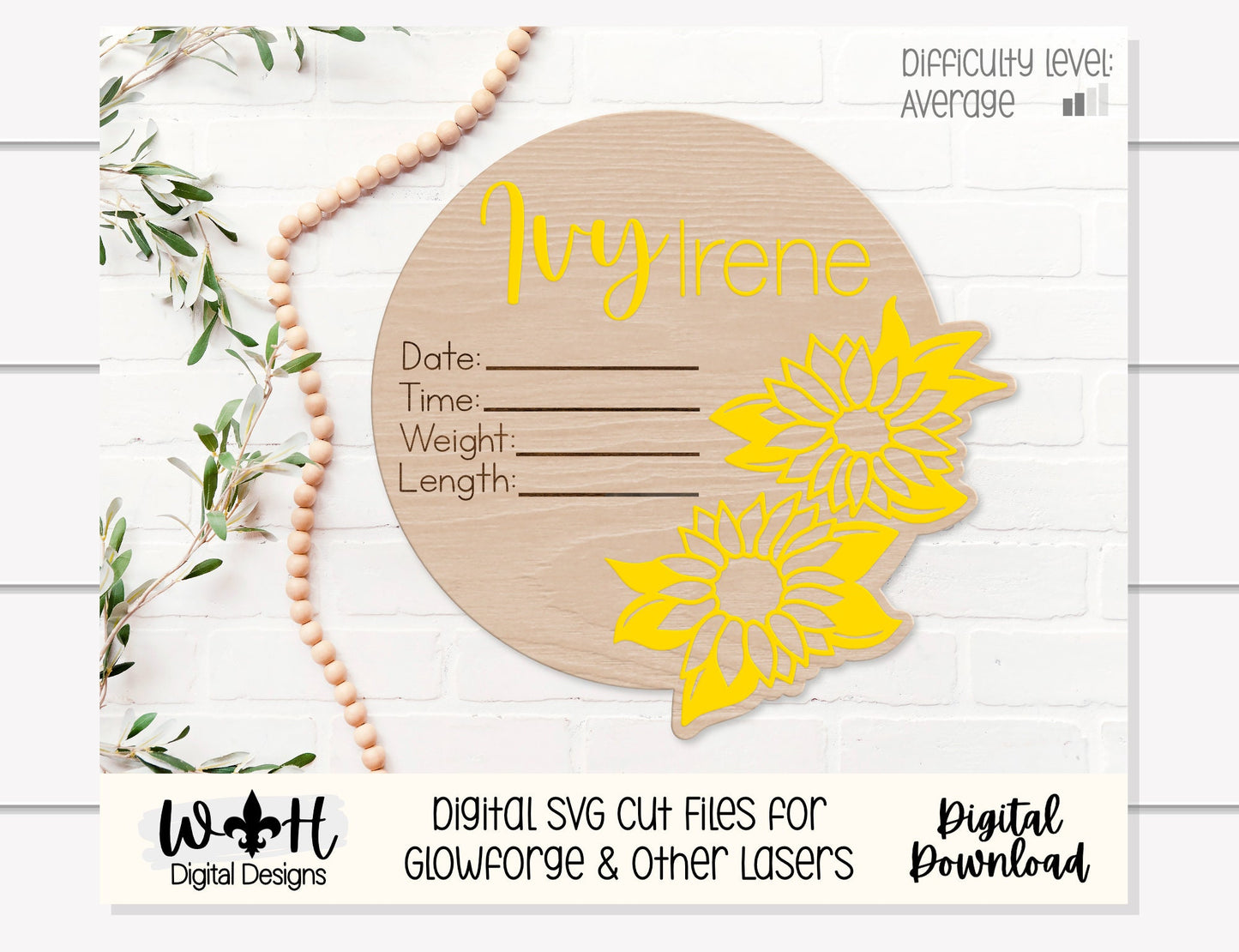 Baby Birth Stat Sunflower Floral Round - Personalizable Nursery Signs For Makers - Easy Cut File For Glowforge Lasers - Digital SVG File