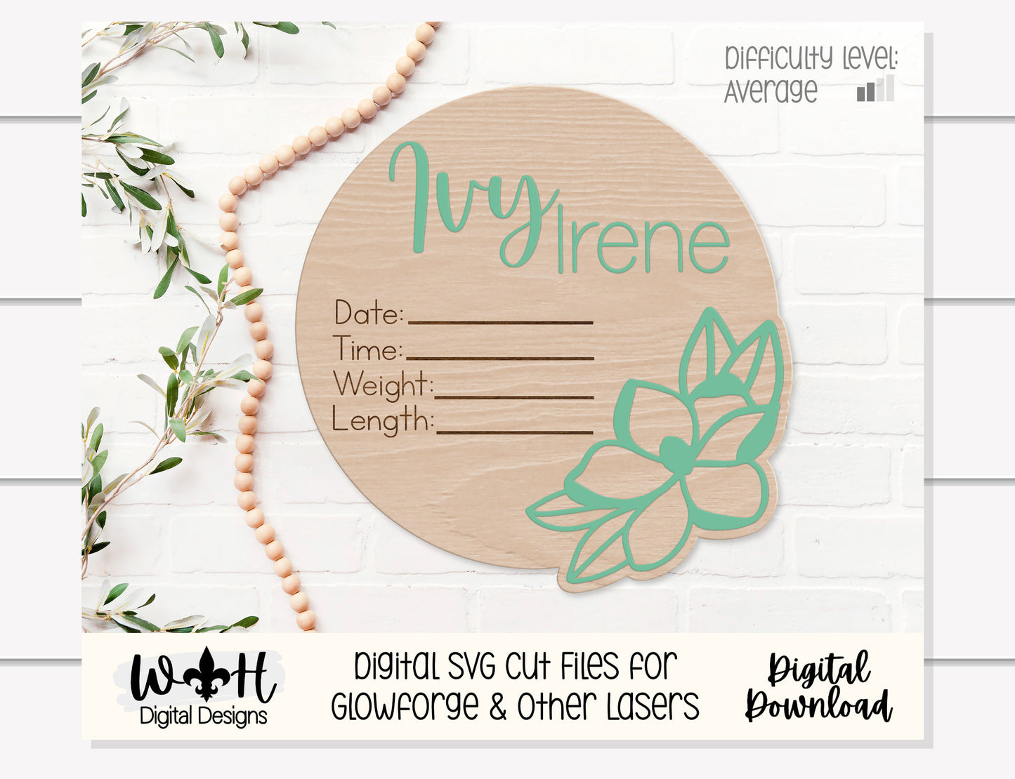 Baby Birth Stat Magnolia Floral Round - Personalizable Nursery Signs For Makers - Easy Cut File For Glowforge Lasers - Digital SVG File