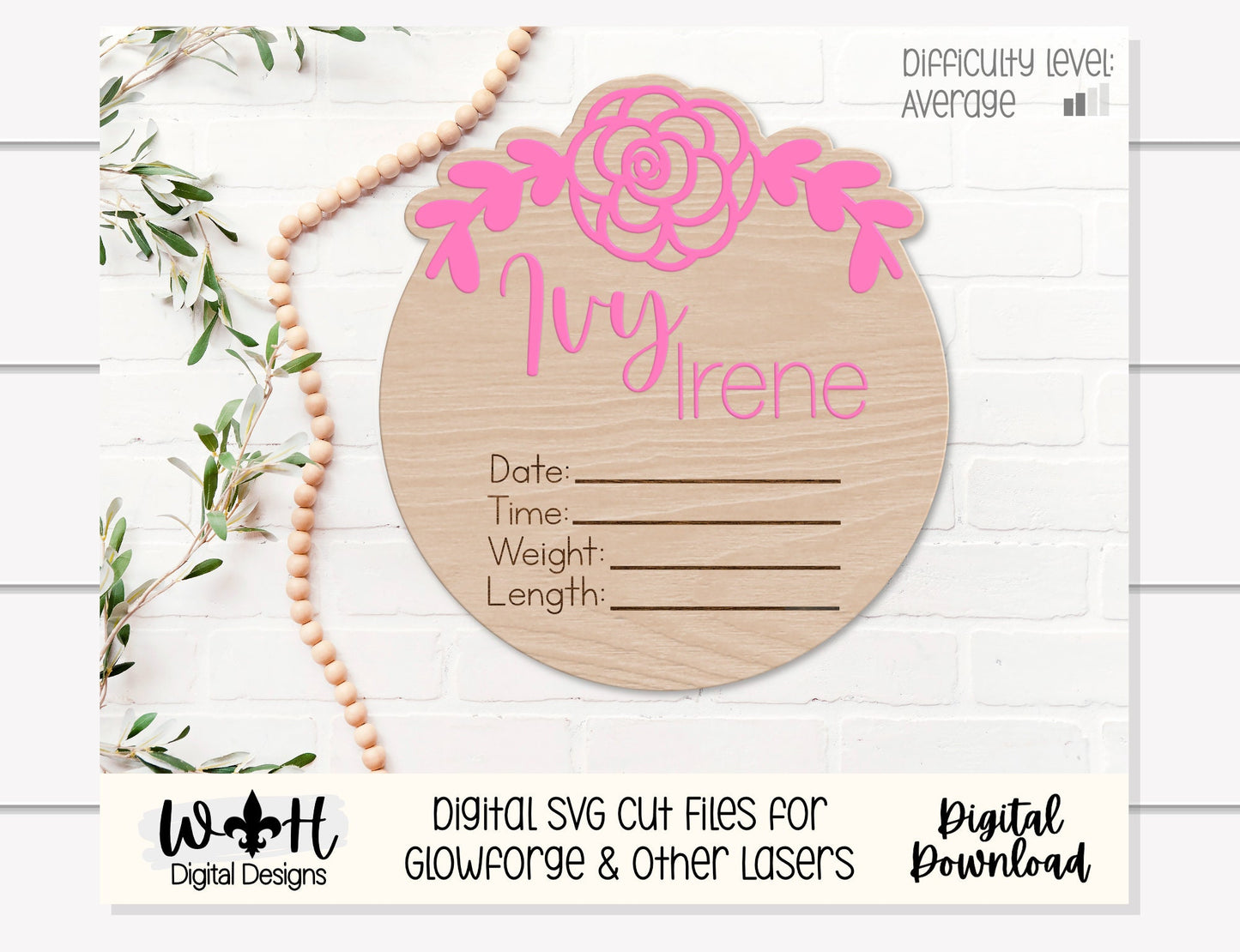 Baby Birth Stat Simple Rose Floral Round - Personalizable Nursery Signs For Makers - Easy Cut File For Glowforge Lasers - Digital SVG File