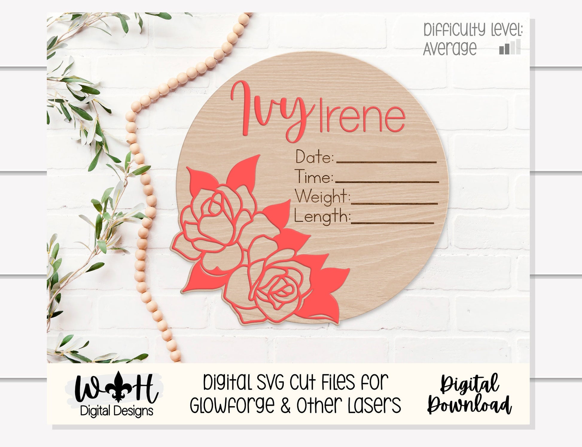 Baby Birth Stat Double Rose Floral Round - Personalizable Nursery Signs For Makers - Easy Cut File For Glowforge Lasers - Digital SVG File