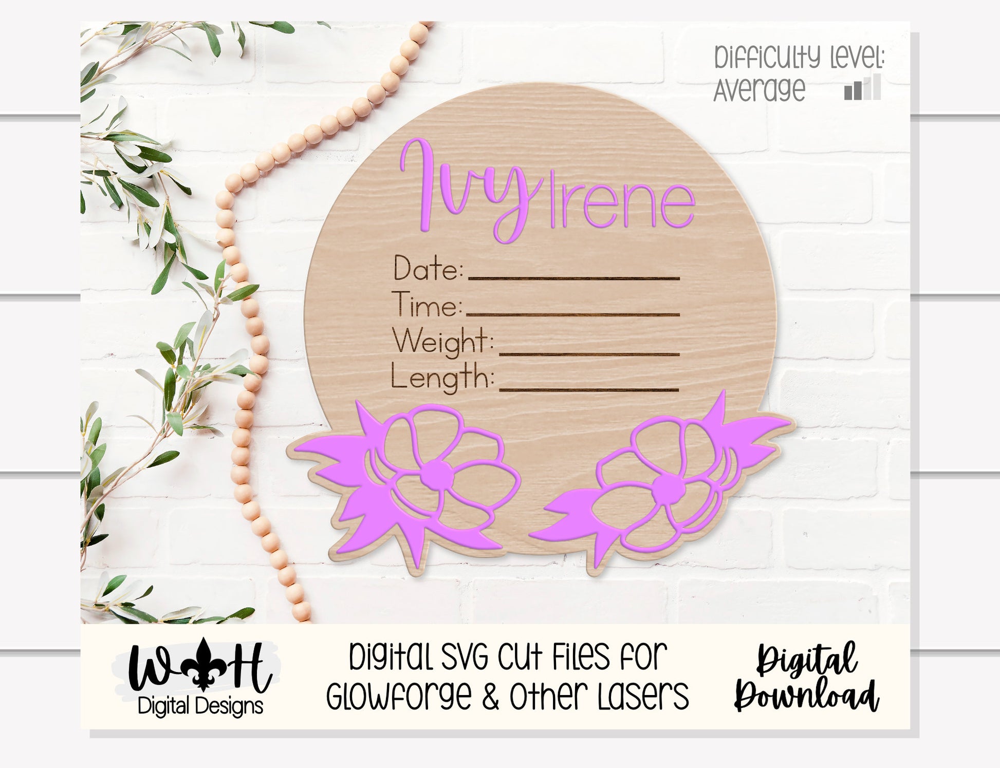 Baby Birth Stat Magnolias Floral Round - Personalizable Nursery Signs For Makers - Easy Cut File For Glowforge Lasers - Digital SVG File