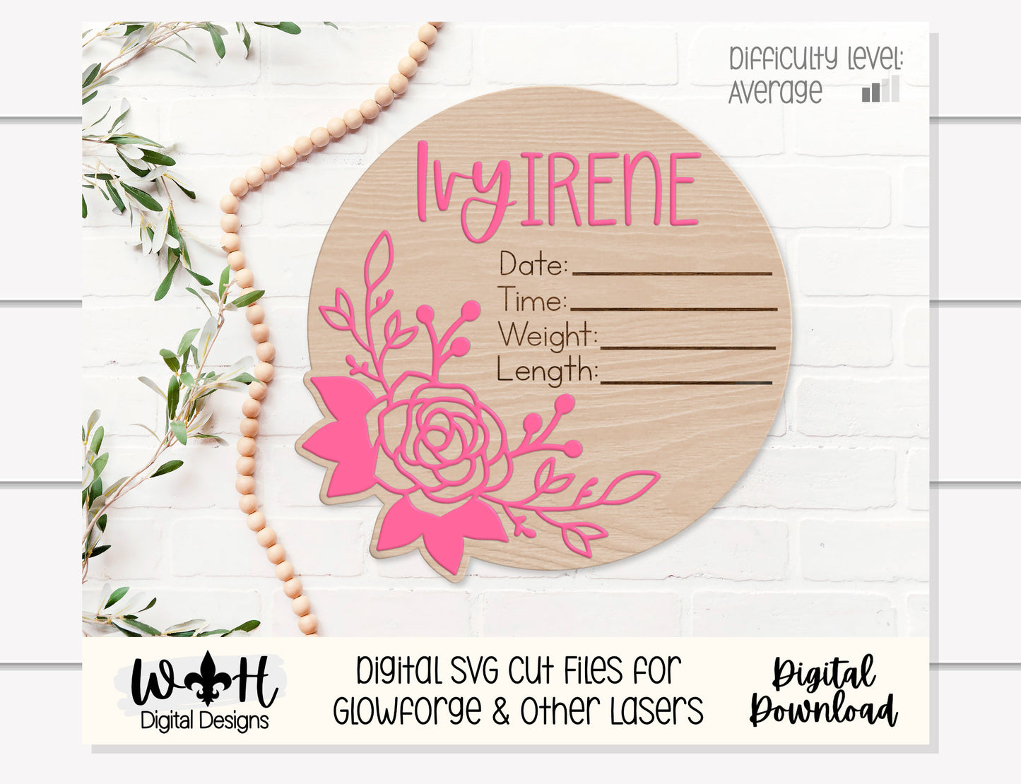 Baby Birth Stat Minimal Rose Floral Round - Personalizable Nursery Signs For Makers - Easy Cut File For Glowforge Lasers - Digital SVG File