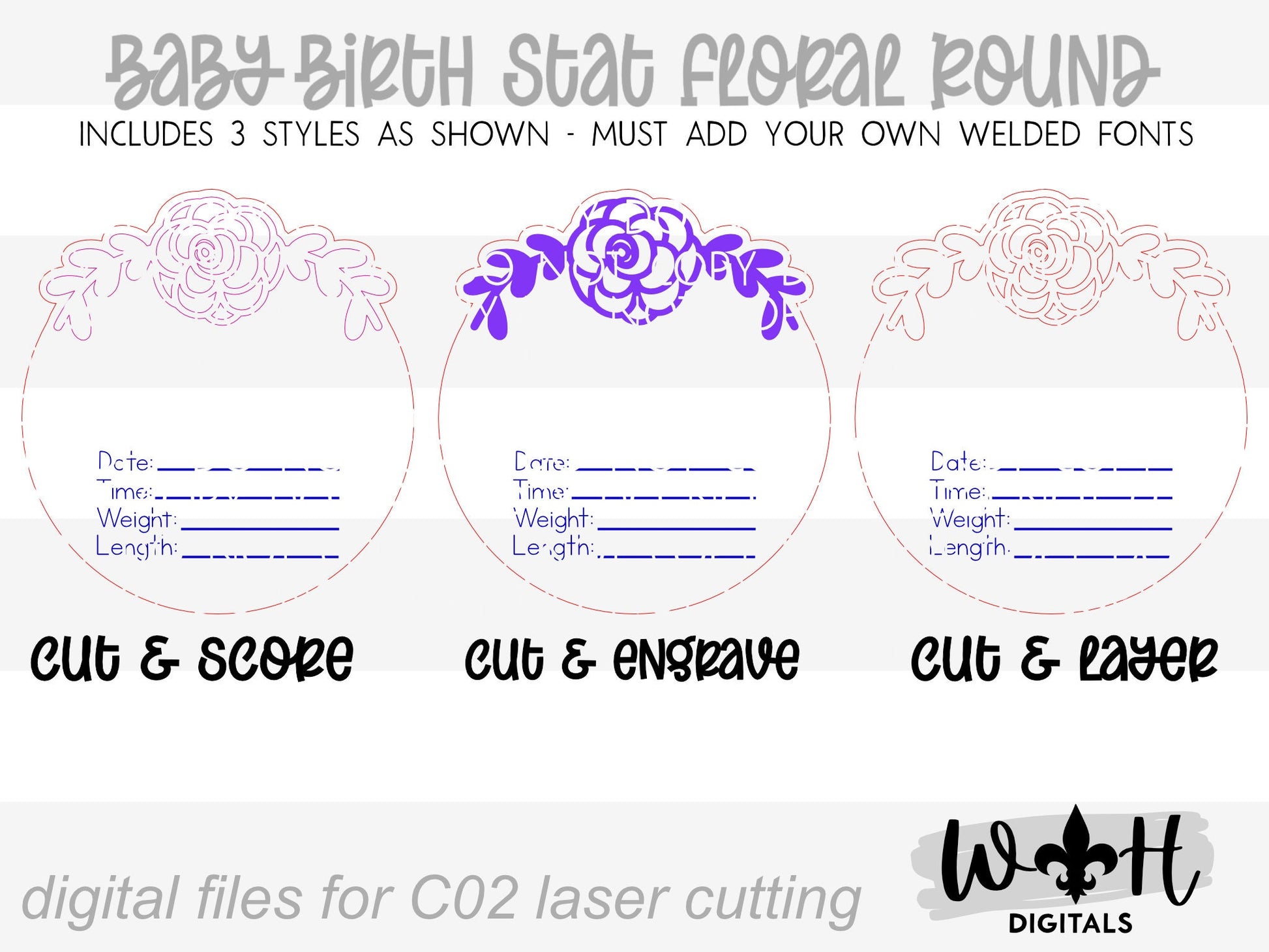 Baby Birth Stat Simple Rose Floral Round - Personalizable Nursery Signs For Makers - Easy Cut File For Glowforge Lasers - Digital SVG File