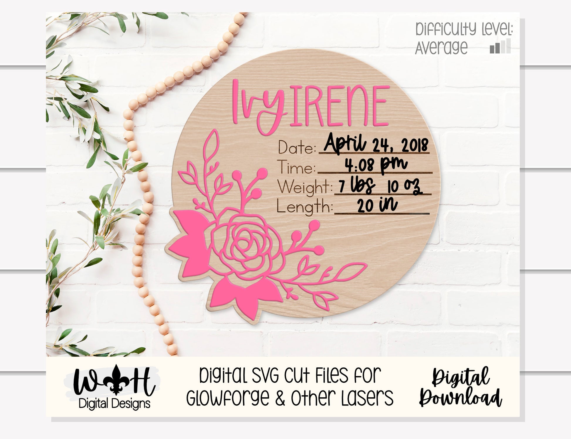 Baby Birth Stat Minimal Rose Floral Round - Personalizable Nursery Signs For Makers - Easy Cut File For Glowforge Lasers - Digital SVG File