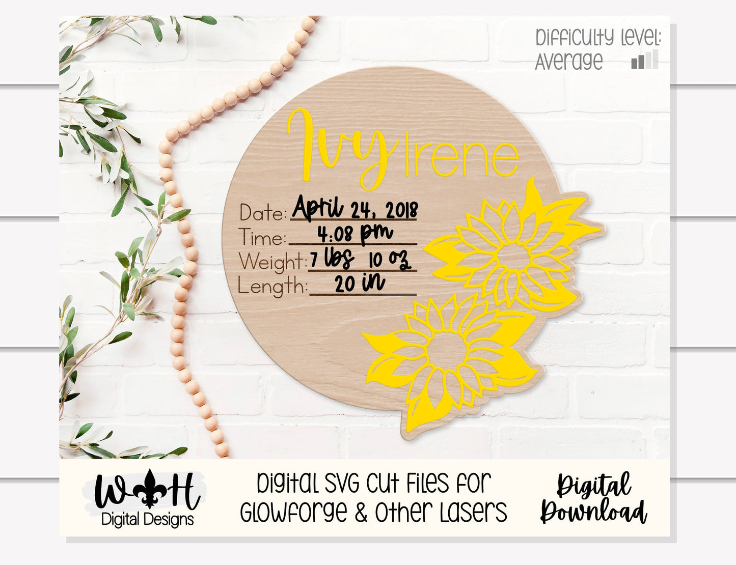 Baby Birth Stat Sunflower Floral Round - Personalizable Nursery Signs For Makers - Easy Cut File For Glowforge Lasers - Digital SVG File