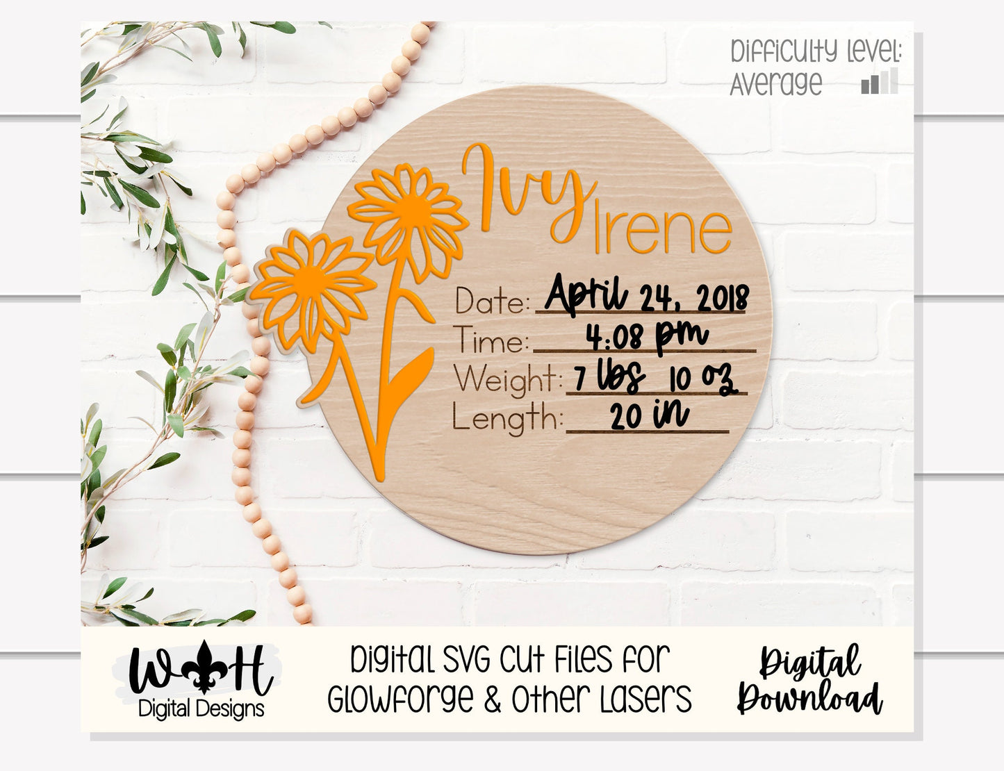 Baby Birth Stat Black Eyed Susan Floral Round - Personalizable Nursery Signs For Makers - Cut File For Glowforge Lasers - Digital SVG File