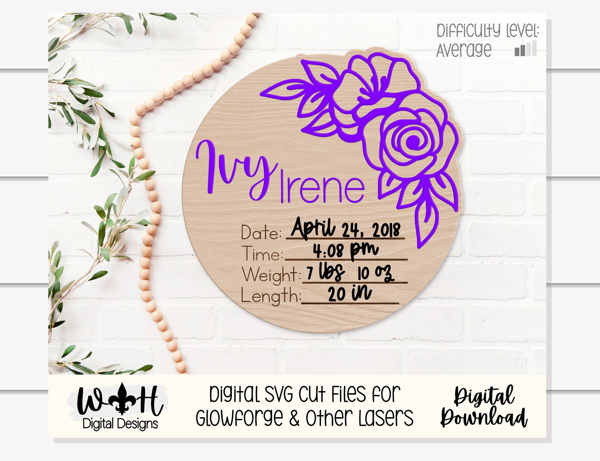 Baby Birth Stat Lily and Rose Floral Round - Personalizable Nursery Signs For Makers - Easy Cut File For Glowforge Lasers - Digital SVG File