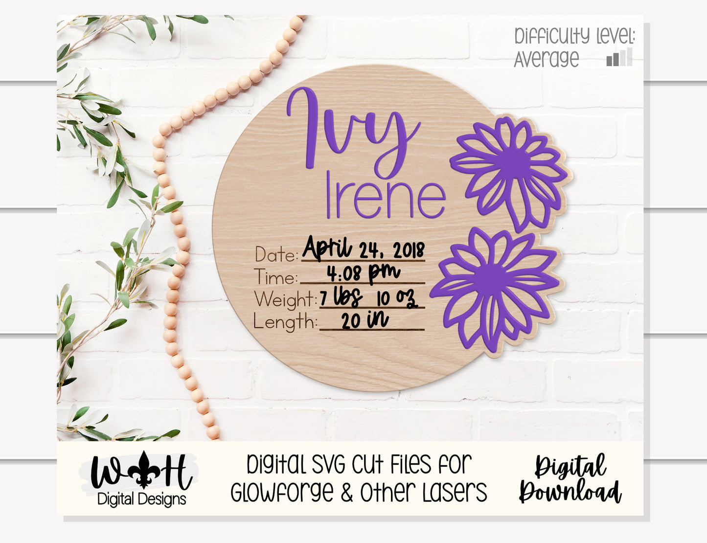 Baby Birth Stat Black Eyed Susans Floral Round - Personalizable Nursery Signs For Makers - Cut File For Glowforge Lasers - Digital SVG File