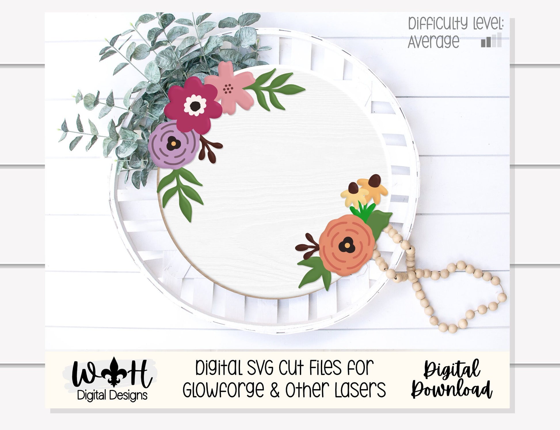 Vintage Flat Floral Bundle - Door Hanger Rounds - Sign Making and DIY Kits - Single Line Cut File For Glowforge Laser - Digital SVG File