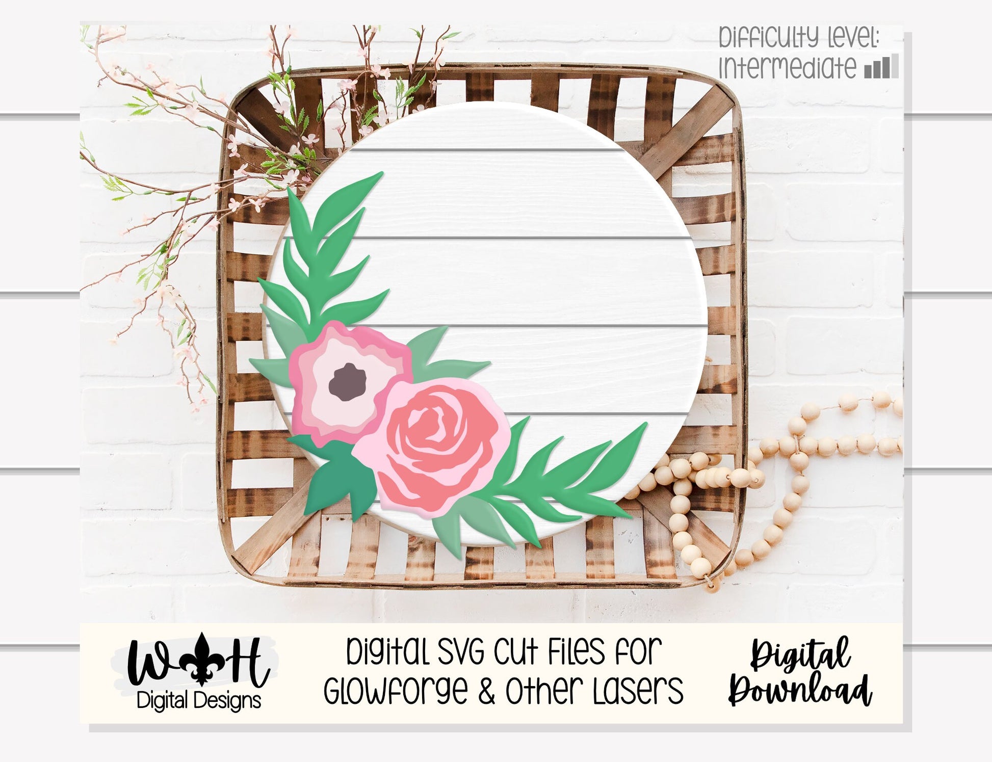 Inset Florals and Greenery Round - Single Line Dremel Shaping - Sign Making and DIY Kits - Cut File For Glowforge Laser - Digital SVG File