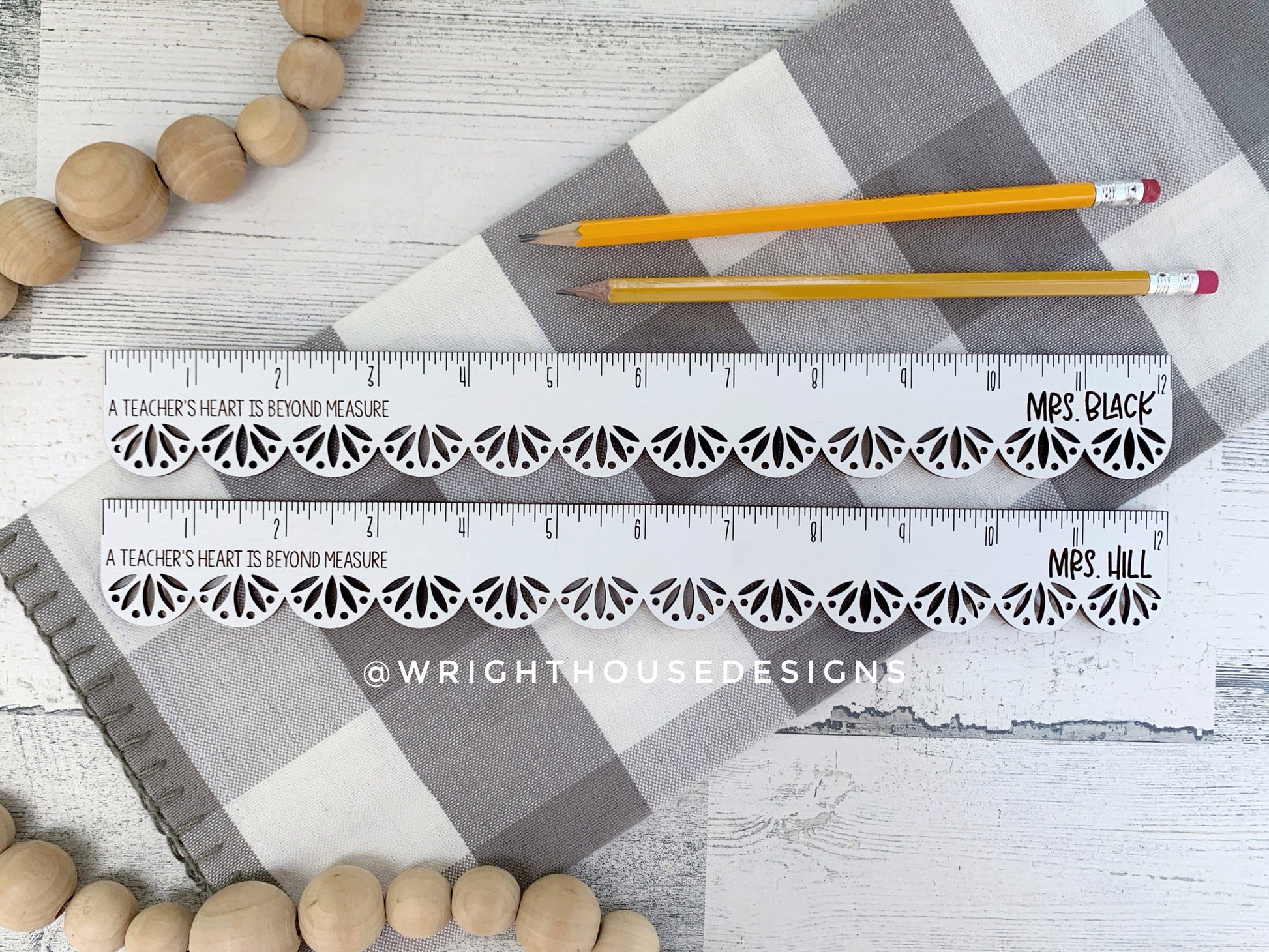 Teacher Appreciation Wooden Standard Ruler - Decorative Scallop Pattern - Laser Engraved Personalized School Supplies - Custom Logo Monogram