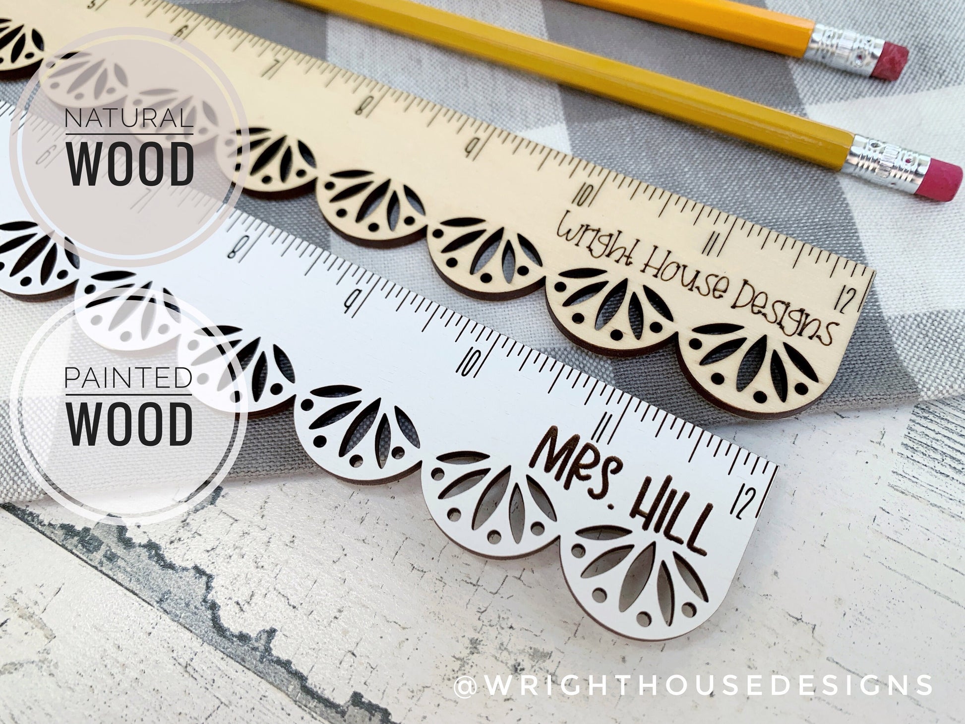 Teacher Appreciation Wooden Standard Ruler - Decorative Scallop Pattern - Laser Engraved Personalized School Supplies - Custom Logo Monogram