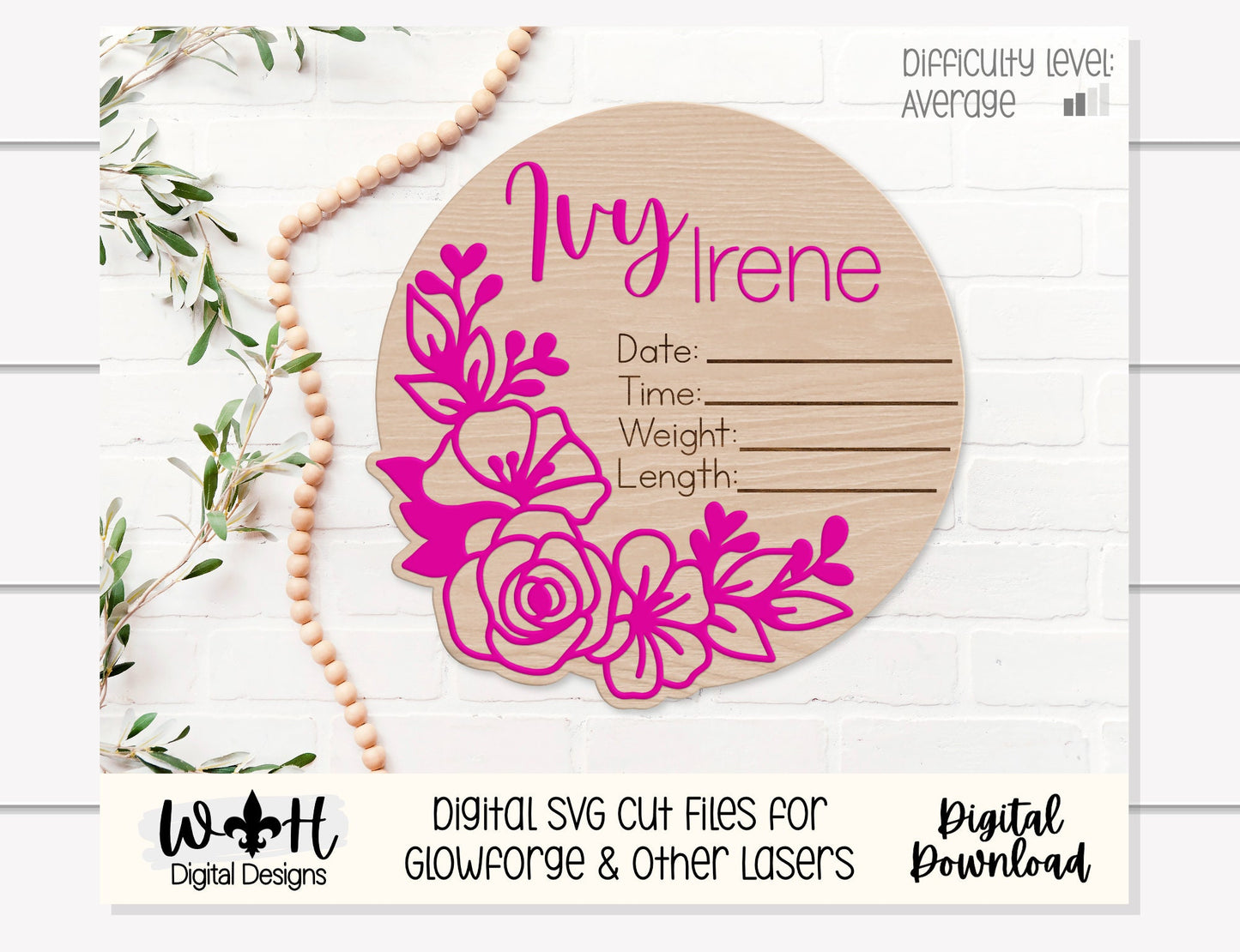 Baby Birth Stat Lily Sage Rose Floral Round - Personalizable Nursery Signs For Makers - Easy Cut File For Glowforge Laser - Digital SVG File