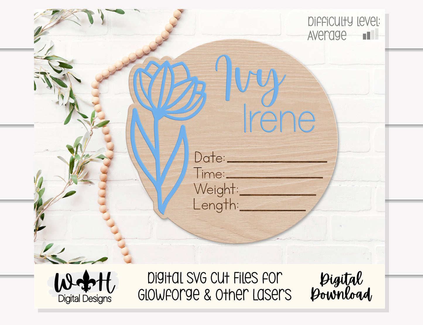 Baby Birth Stat Spring Tulip Floral Round - Personalizable Nursery Signs For Makers - Easy Cut File For Glowforge Laser - Digital SVG File