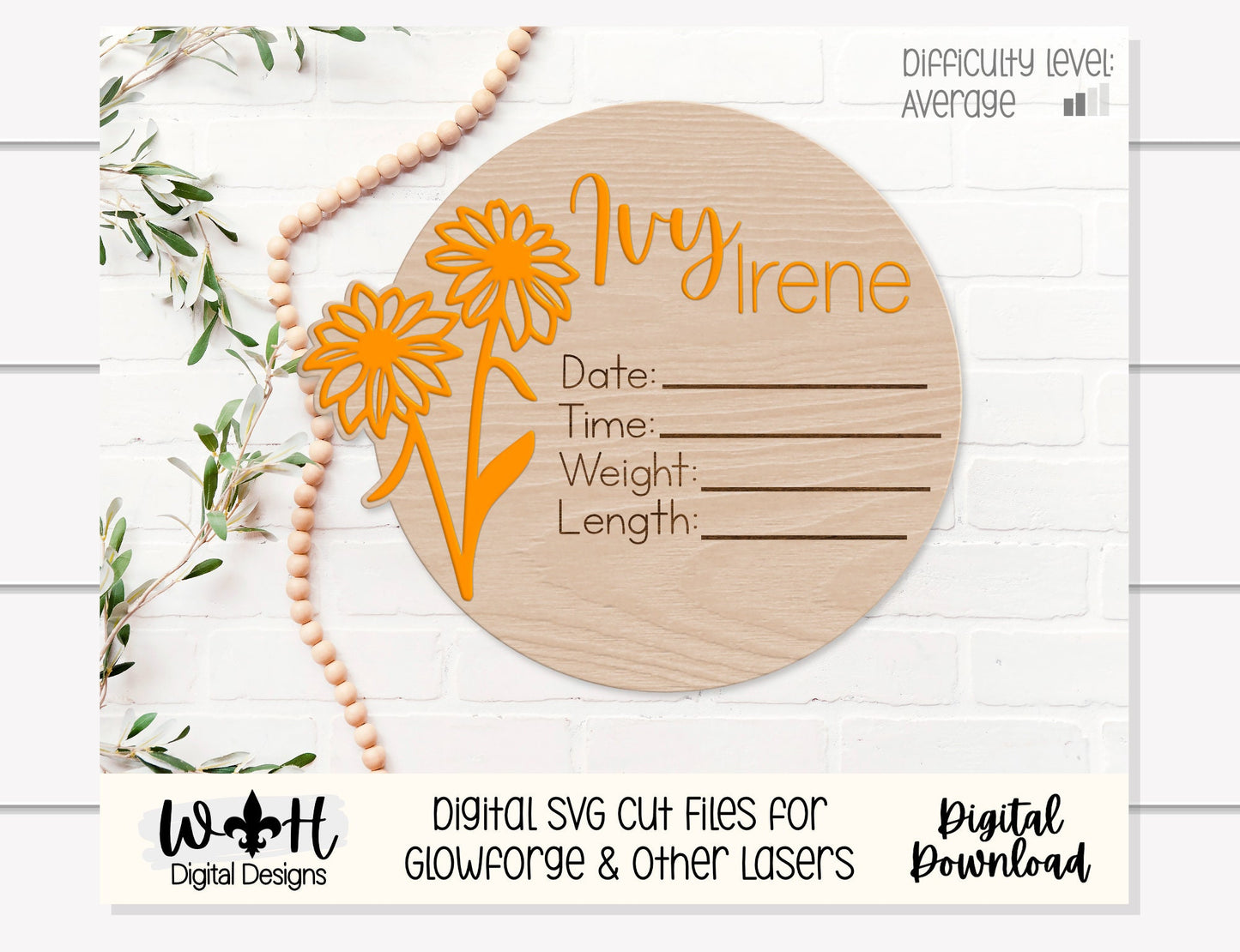 Baby Birth Stat Black Eyed Susan Floral Round - Personalizable Nursery Signs For Makers - Cut File For Glowforge Lasers - Digital SVG File